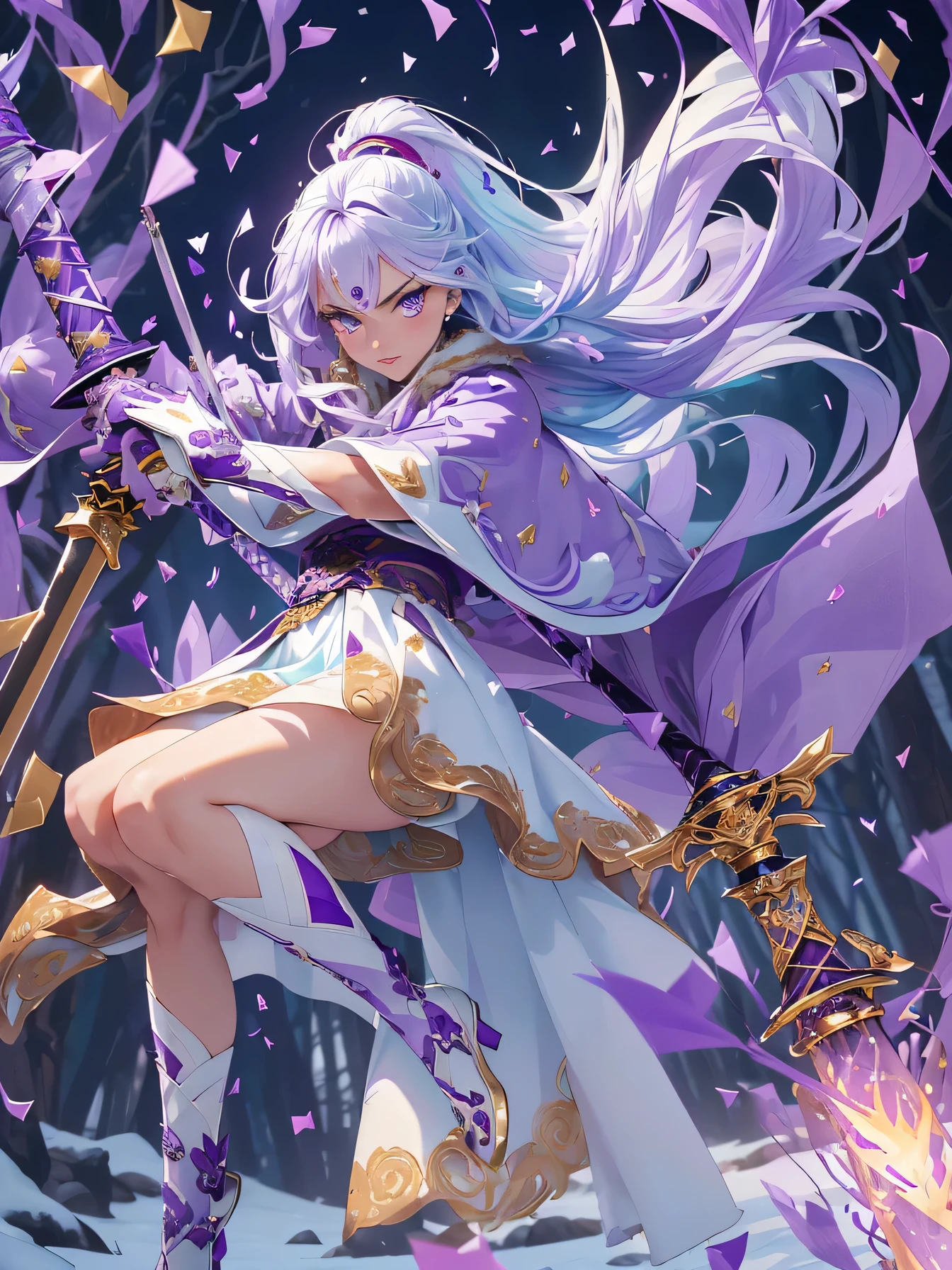 high resolution:1.7, incredibly absurdres, kawaii:1, cute:1.5, hires.fix, incredibly fine illustration,8k,masterpiece:1.2,best quality, high quality, exquisite, beautiful, insanely detailed, intricate detailed, extremely detailed, Super Definition, ultra high res, Super Resolution, best aesthetic, ultra detailed:1.5, best quality, perfect face, detailed face, masterpiece:1.2, illustration:1.2, 8k cg wallpaper, stunning art,absurdres,octane render,ultra hires,
(((aqua fur coat, aqua fur coat outfit, wearing a ice dress:1.3,aqua winter coat))), ((ice dress,elegant ice dress)),(white gloves,white clothes,(((intricate outfit,intricate clothes,embroidered outfit,ornate outfit,embroidered clothes,ornate clothes))),(dynamic pose:1.0),embarrassed,(centered,scale to fit dimensions,Rule of thirds),((snowy pine forest)),winter,1girl, (kunoichi:1.2), black hair,(wide eyes:1.4,big green eyes,enchanting bright eyes studded with gold and silver dust,wet crystal eyes),(finely detailed beautiful eyes),shinylips,lean body,waist slender,leg slender,ninja,(gauntlet:1.2), (greave:1.2), (gaiter:1.2), (purple flame:1.5), (purple fire:1.5), (holding purple flame sword:1.5), (holding white energy sword:1.3), (black flame katana:1.3), (swing a white flame sword:1.3),
battle,fight,(action pose: 1.4),(vengeful spirit come's attack), (vs vengeful spirit),(purple confetti:1.5),(cave),tentacles,dungeon,(dutch angle)