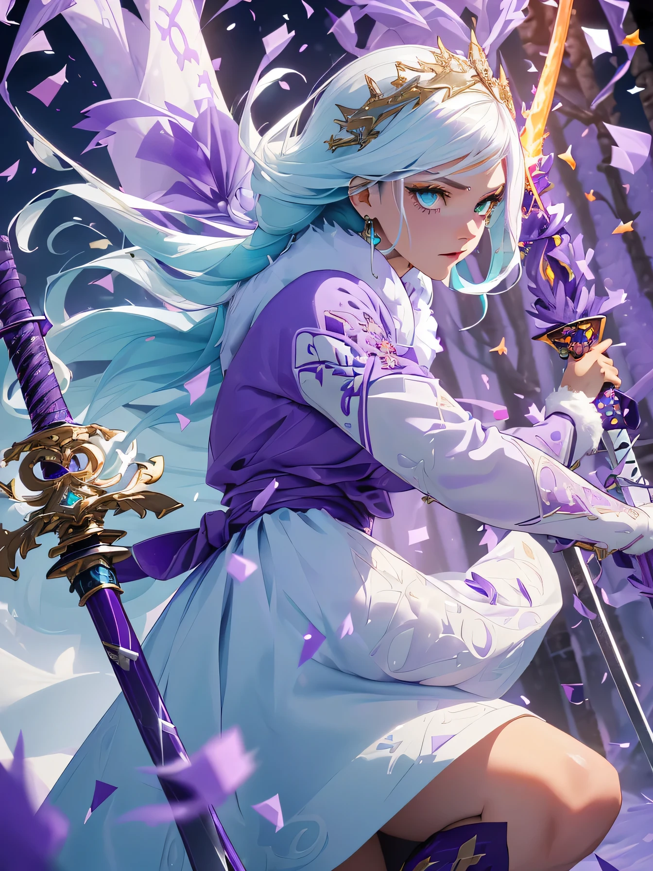 high resolution:1.7, incredibly absurdres, kawaii:1, cute:1.5, hires.fix, incredibly fine illustration,8k,masterpiece:1.2,best quality, high quality, exquisite, beautiful, insanely detailed, intricate detailed, extremely detailed, Super Definition, ultra high res, Super Resolution, best aesthetic, ultra detailed:1.5, best quality, perfect face, detailed face, masterpiece:1.2, illustration:1.2, 8k cg wallpaper, stunning art,absurdres,octane render,ultra hires,
(((aqua fur coat, aqua fur coat outfit, wearing a ice dress:1.3,aqua winter coat))), ((ice dress,elegant ice dress)),(white gloves,white clothes,(((intricate outfit,intricate clothes,embroidered outfit,ornate outfit,embroidered clothes,ornate clothes))),(dynamic pose:1.0),embarrassed,(centered,scale to fit dimensions,Rule of thirds),((snowy pine forest)),winter,1girl, (kunoichi:1.2), black hair,(wide eyes:1.4,big green eyes,enchanting bright eyes studded with gold and silver dust,wet crystal eyes),(finely detailed beautiful eyes),shinylips,lean body,waist slender,leg slender,ninja,(gauntlet:1.2), (greave:1.2), (gaiter:1.2), (purple flame:1.5), (purple fire:1.5), (holding purple flame sword:1.5), (holding white energy sword:1.3), (black flame katana:1.3), (swing a white flame sword:1.3),
battle,fight,(action pose: 1.4),(vengeful spirit come's attack), (vs vengeful spirit),(purple confetti:1.5),(cave),tentacles,dungeon,(dutch angle)