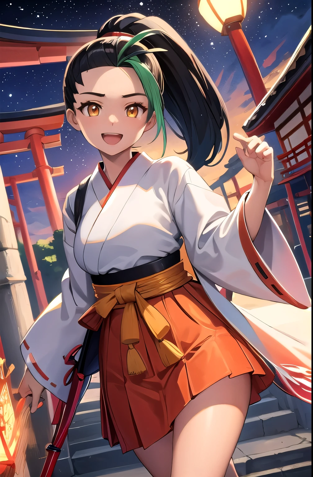 (masterpiece, best quality, detailed), 1girl, solo, nemona, long hair, orange eyes, ponytail, looking at viewer,
miko, japanese clothes, red hakama, wide sleeves, white kimono, ribbon trim, hakama skirt, hip vent, outdoors, night, torii, shrine, east asian architecture, indian style, hands on feet, open mouth, smile