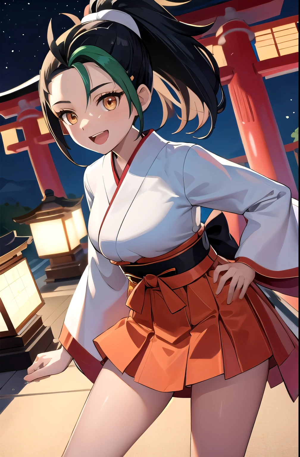 (masterpiece, best quality, detailed), 1girl, solo, nemona, long hair, orange eyes, ponytail, looking at viewer,
miko, japanese clothes, red hakama, wide sleeves, white kimono, ribbon trim, hakama skirt, hip vent, outdoors, night, torii, shrine, east asian architecture, indian style, hands on feet, open mouth, smile