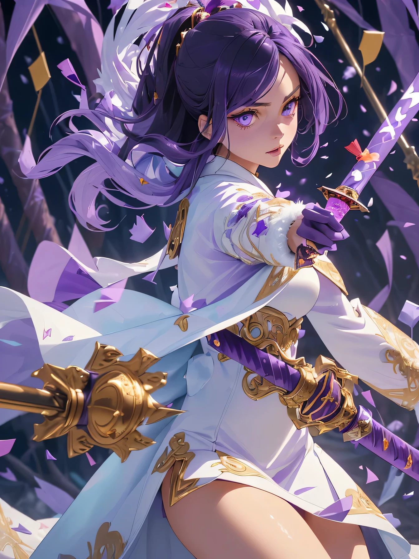 high resolution:1.7, incredibly absurdres, kawaii:1, cute:1.5, hires.fix, incredibly fine illustration,8k,masterpiece:1.2,best quality, high quality, exquisite, beautiful, insanely detailed, intricate detailed, extremely detailed, Super Definition, ultra high res, Super Resolution, best aesthetic, ultra detailed:1.5, best quality, perfect face, detailed face, masterpiece:1.2, illustration:1.2, 8k cg wallpaper, stunning art,absurdres,octane render,ultra hires,
(((aqua fur coat, aqua fur coat outfit, wearing a ice dress:1.3,aqua winter coat))), ((ice dress,elegant ice dress)),(white gloves,white clothes,(((intricate outfit,intricate clothes,embroidered outfit,ornate outfit,embroidered clothes,ornate clothes))),(dynamic pose:1.0),embarrassed,(centered,scale to fit dimensions,Rule of thirds),((snowy pine forest)),winter,1girl, (kunoichi:1.2), black hair,(wide eyes:1.4,big green eyes,enchanting bright eyes studded with gold and silver dust,wet crystal eyes),(finely detailed beautiful eyes),shinylips,lean body,waist slender,leg slender,ninja,(gauntlet:1.2), (greave:1.2), (gaiter:1.2), (purple flame:1.5), (purple fire:1.5), (holding purple flame sword:1.5), (holding white energy sword:1.3), (black flame katana:1.3), (swing a white flame sword:1.3),
battle,fight,(action pose: 1.4),(vengeful spirit come's attack), (vs vengeful spirit),(purple confetti:1.5),(cave),tentacles,dungeon,(dutch angle)