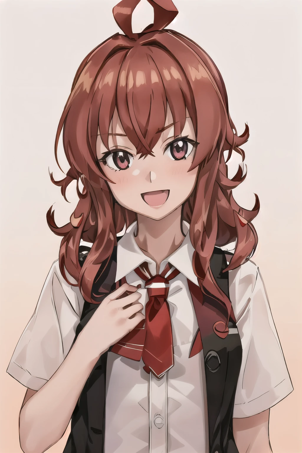 highest quality, masterpiece, High resolution, 一人in, (arashi_Fleet Collection:1.15), length_hair, red_hair, One_~ side_superior, Ahoge, Brown_eye, red面, ribbon, red_ribbon, vest, head_ribbon, light smile, chest, black_vest, blouse, 1 girl, alternine_costume, collarbOne, looking for_in_viewer, simple_background, Jacket, purple_eye, short sleeve shirt, 教室background, :d, Open_Clothes