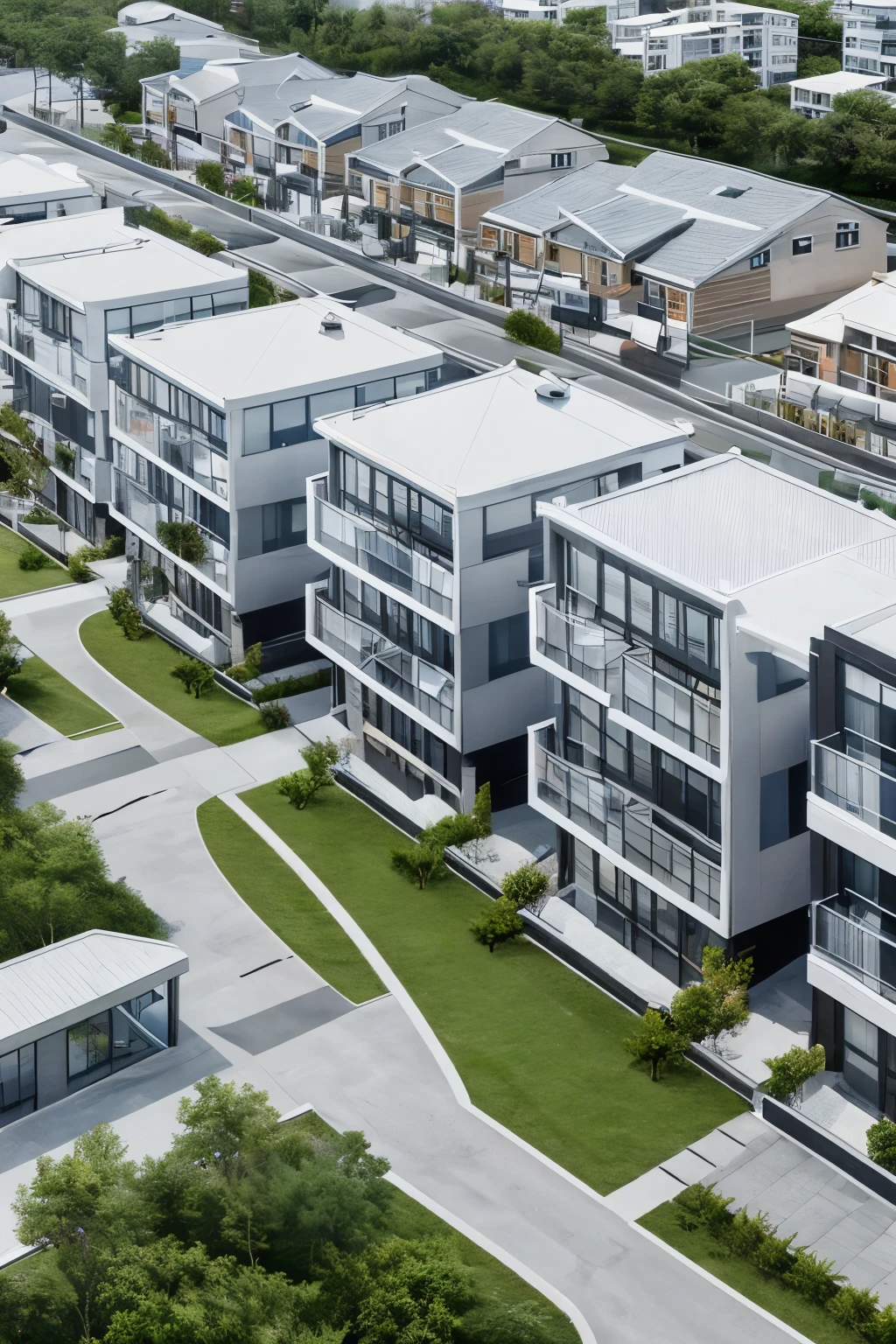 three-story modern apartment building, with mesh roof, view from above