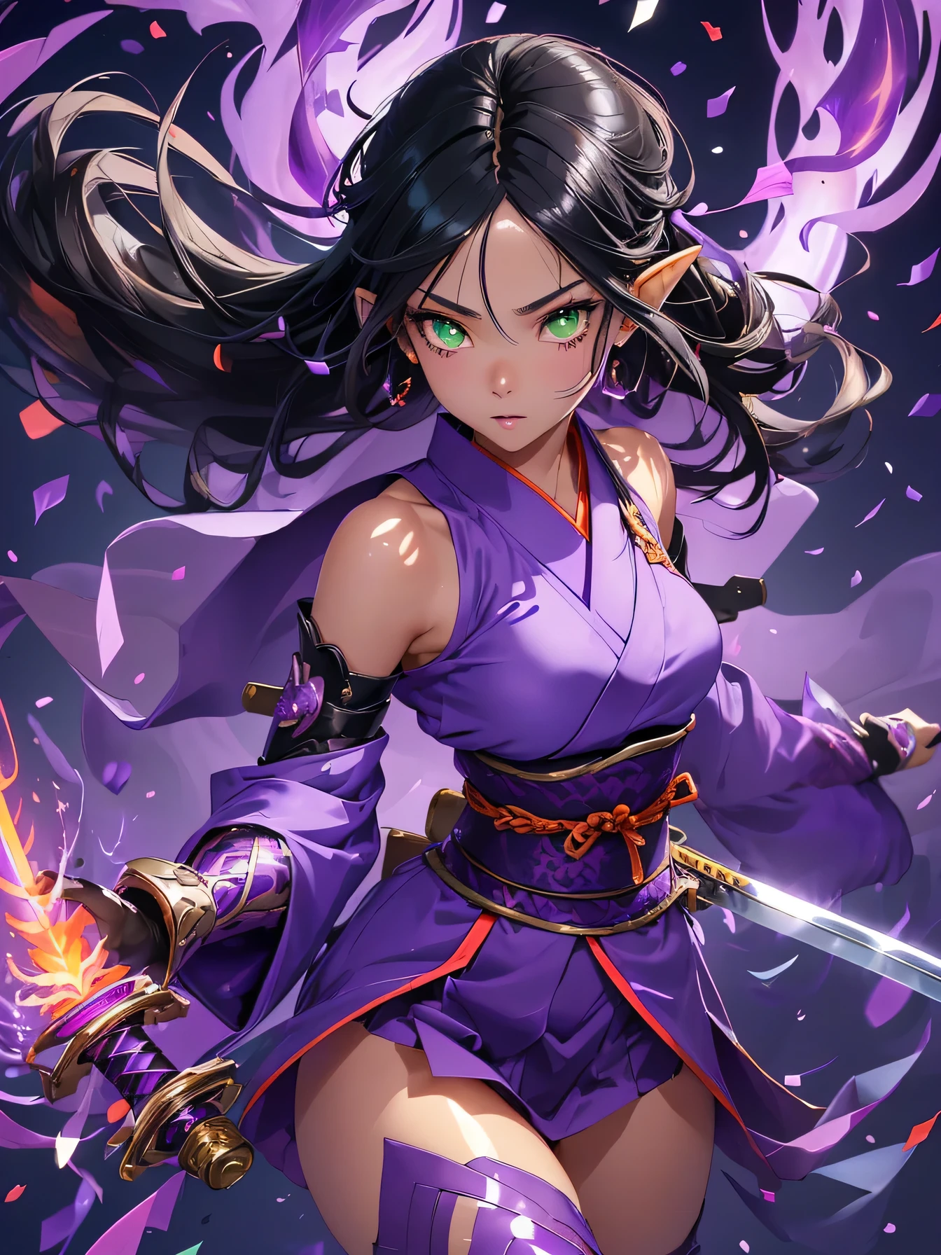 high resolution:1.7, incredibly absurdres, kawaii:1, cute:1.5, hires.fix, anime visual:1, incredibly fine illustration,8k,masterpiece:1.2,best quality,high quality, exquisite, beautiful, insanely detailed,intricate detailed,extremely detailed,Super Definition,ultra high res,Super Resolution,best aesthetic,ultra detailed:1.5, best quality, perfect face, detailed face, masterpiece:1.2,illustration:1.2,8k cg wallpaper,stunning art,absurdres,octane render,ultra hires,Japanese Actress,(Idol),18yo,Beautiful,(Cute and lovely),cute girl,((anime elf with extremely cute and beautiful black hair)),long hair,hime_cut,((((black hair:1.35,colored inner hair,ear breathing)))),(((green_eyes:1.3))),intricate eyes,beautiful detailed eyes,symmetrical eyes,big eyes:1.5,enchanting bright eyes studded with gold and silver dust,(((pinky skin,glowing_skin,lustrous skin:1.5,bright skin: 1.5,skin tanned,shiny skin,very shiny skin,shiny body,plastic glitter skin,exaggerated shiny skin,illuminated skin))),upward breasts,waist slender,(detailed body,(detailed face)),cute,daring,zettai ryouiki,show skin,best relationship with four fingers and one thumb,Very Fine Face and Eyes,Very Fine Hair,(Perfect Anatomy),Garter Belt,Bare shoulders,Check out our thru-rack chokers and midi rings with chains,1girl, (kunoichi:1.2),lean body,waist slender,leg slender, (Japanese clothes),kimono,ninja, (kunoichi uniform), (gauntlet:1.2), (greave:1.2), (gaiter:1.2), (purple flame:1.5), (purple fire:1.5), (holding purple flame sword:1.5), (holding purple energy sword:1.3), (purple flame katana:1.3), (swing a purple flame sword:1.3),battle,fight,(action pose: 1.4),(vengeful spirit come's attack), (vs vengeful spirit),(purple confetti:1.5),(cave),tentacles,dungeon,(dutch angle),