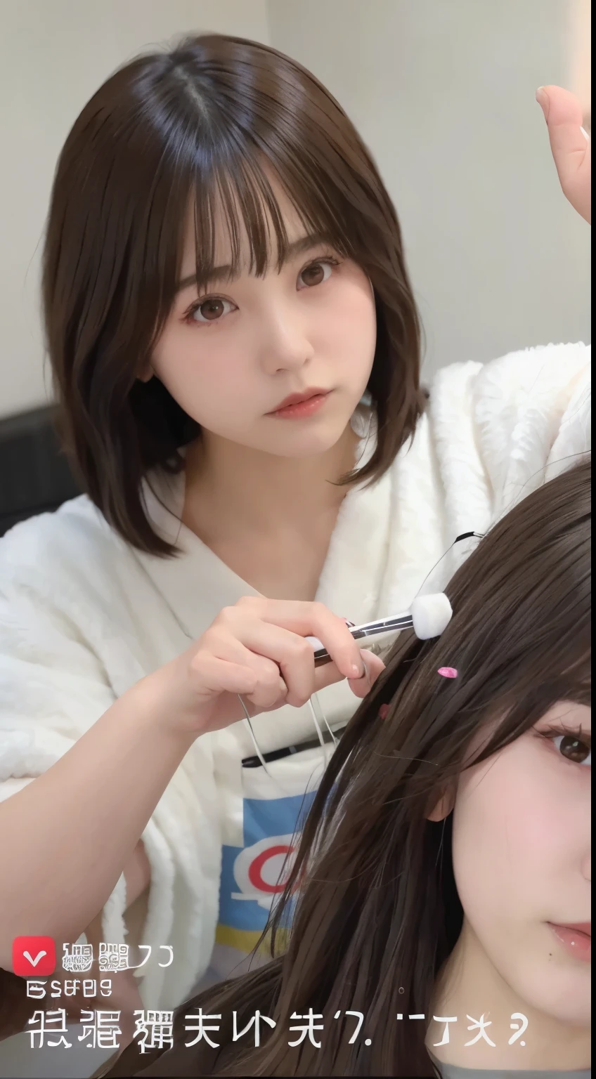 Japanese、Japanese、woman、haircut、Beauty Salon、beauty salon、beauty salon、2 people、Cutting hair、black hair、scissors、touching hair、real、black hair、long