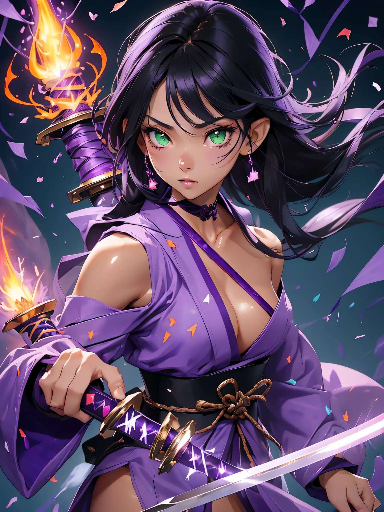 high resolution:1.7, incredibly absurdres, kawaii:1, cute:1.5, hires.fix, anime visual:1, incredibly fine illustration,8k,masterpiece:1.2,best quality,high quality, exquisite, beautiful, insanely detailed,intricate detailed,extremely detailed,Super Definition,ultra high res,Super Resolution,best aesthetic,ultra detailed:1.5, best quality, perfect face, detailed face, masterpiece:1.2,illustration:1.2,8k cg wallpaper,stunning art,absurdres,octane render,ultra hires,Japanese Actress,(Idol),18yo,Beautiful,(Cute and lovely),cute girl,((anime elf with extremely cute and beautiful black hair)),long hair,hime_cut,((((black hair:1.35,colored inner hair,ear breathing)))),(((green_eyes:1.3))),intricate eyes,beautiful detailed eyes,symmetrical eyes,big eyes:1.5,enchanting bright eyes studded with gold and silver dust,(((pinky skin,glowing_skin,lustrous skin:1.5,bright skin: 1.5,skin tanned,shiny skin,very shiny skin,shiny body,plastic glitter skin,exaggerated shiny skin,illuminated skin))),upward breasts,waist slender,(detailed body,(detailed face)),cute,daring,zettai ryouiki,show skin,best relationship with four fingers and one thumb,Very Fine Face and Eyes,Very Fine Hair,(Perfect Anatomy),Garter Belt,Bare shoulders,Check out our thru-rack chokers and midi rings with chains,1girl, (kunoichi:1.2),lean body,waist slender,leg slender, (Japanese clothes),kimono,ninja, (kunoichi uniform), (gauntlet:1.2), (greave:1.2), (gaiter:1.2), (purple flame:1.5), (purple fire:1.5), (holding purple flame sword:1.5), (holding purple energy sword:1.3), (purple flame katana:1.3), (swing a purple flame sword:1.3),battle,fight,(action pose: 1.4),(vengeful spirit come's attack), (vs vengeful spirit),(purple confetti:1.5),(cave),tentacles,dungeon,(dutch angle),