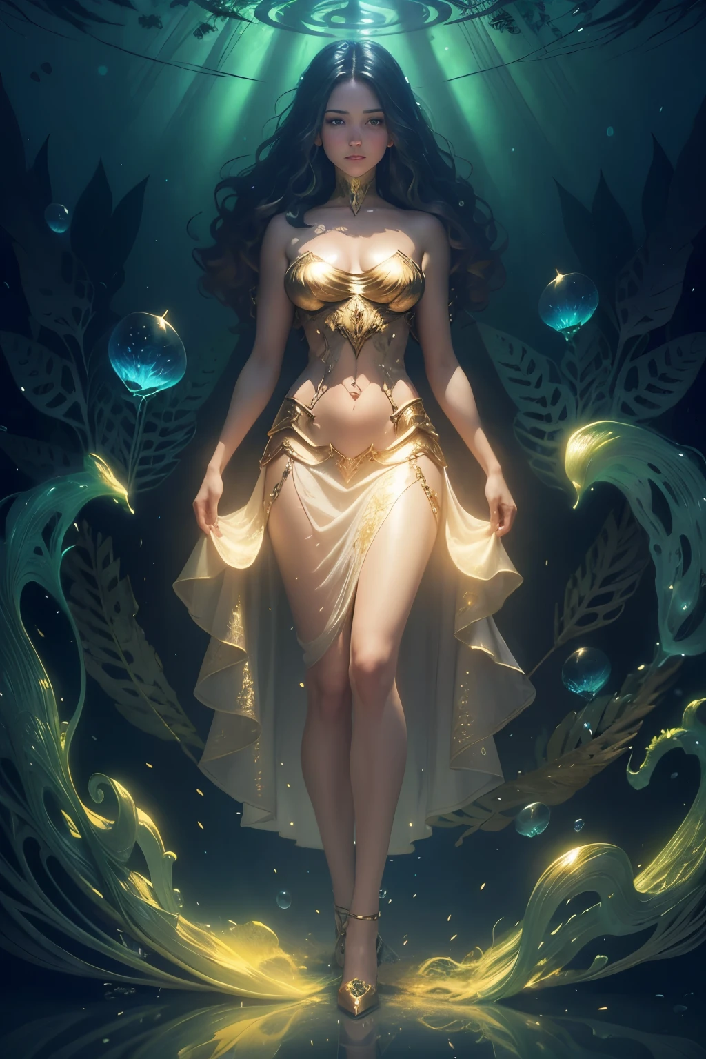 Guardian of the Enchanted Grovean armored woman with iridescent, wing-like pauldrons, standing tall amidst an ethereal grove of towering, luminescent mushrooms, the forest floor covered in sparkling dewdrops, a mystical aura emanating from her presence, the air filled with a soft, golden glow, captured through a hyper-realistic digital painting with a focus on intricate details and a seamless blend of natural and magical elements, rendered using a combination of Blender and Photoshop.