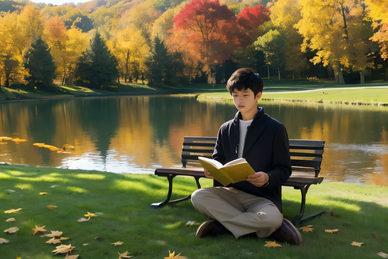 A boy reading a book sits on a park bench with a focused expression, featuring perfect facial features. The scene includes golden autumn leaves, a lush green lawn, sunlight casting the perfect afternoon glow, a serene lake, and an expansive composition. The image quality is of the highest standard, with 4K or 8K resolution and impeccable detail. It is a masterpiece and award-winning work of art.
