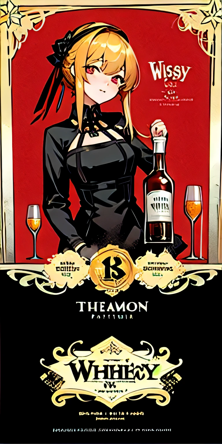HIGH RESOLUTION Pattern with alcohol motif girl, same type eyes, the text to say "whiskey", girl