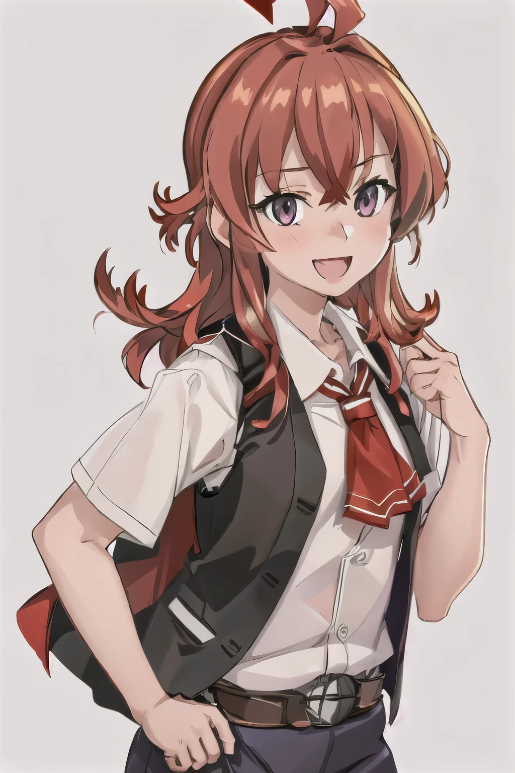 highest quality, masterpiece, High resolution, 一人in, (arashi_Fleet Collection:1.15), length_hair, red_hair, One_~ side_superior, Ahoge, Brown_eye, red面, ribbon, red_ribbon, vest, head_ribbon, light smile, chest, black_vest, blouse, 1 girl, alternine_costume, collarbOne, looking for_in_viewer, Jacket, purple_eye, short sleeve shirt, classroom background, :d, Open_Clothes