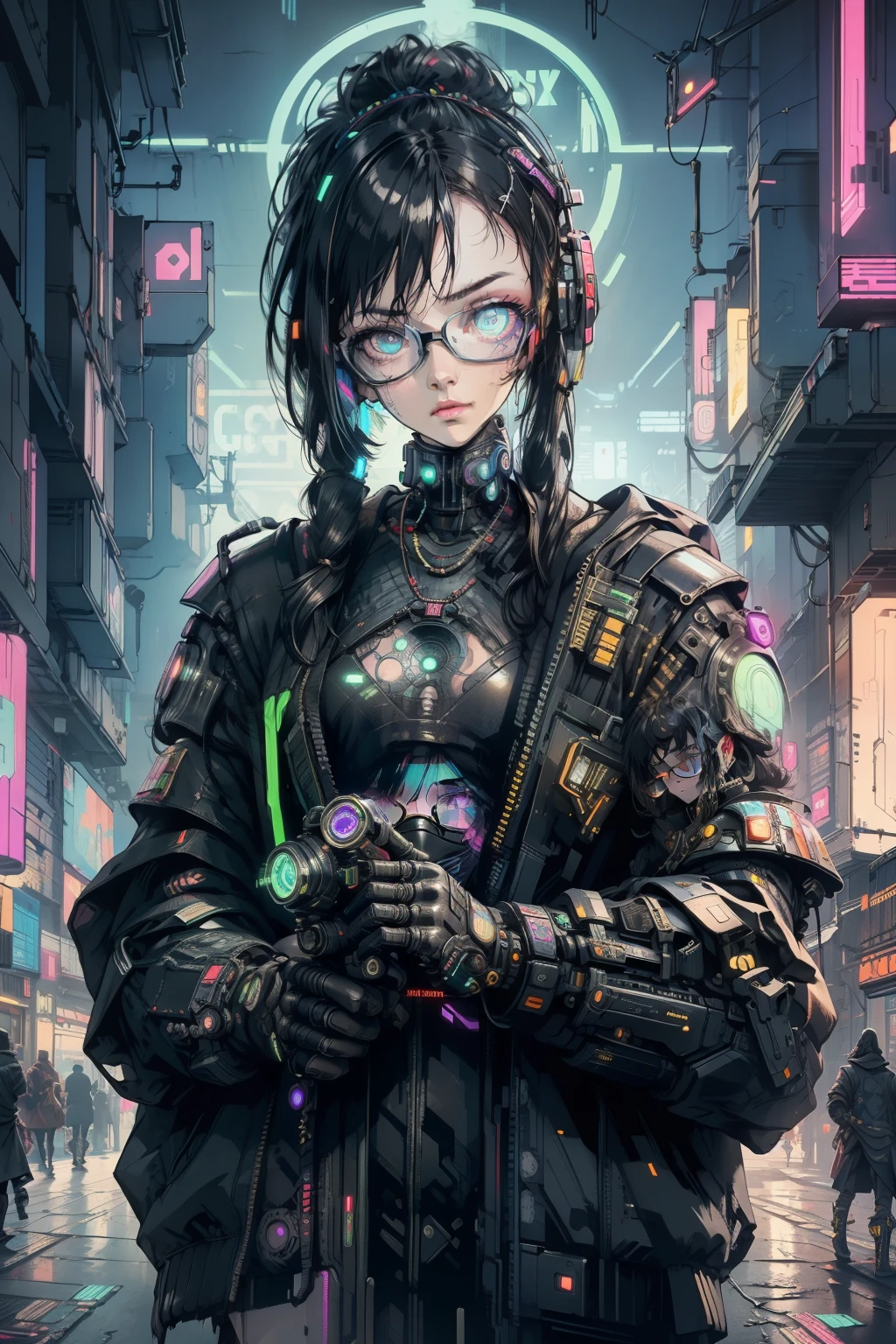 1girl, close-up, intricate details, (cyberpunk:1.4), mechanical arms, eyeglasses, messy hair, (glowing neon armor:1.2), machinery, black background