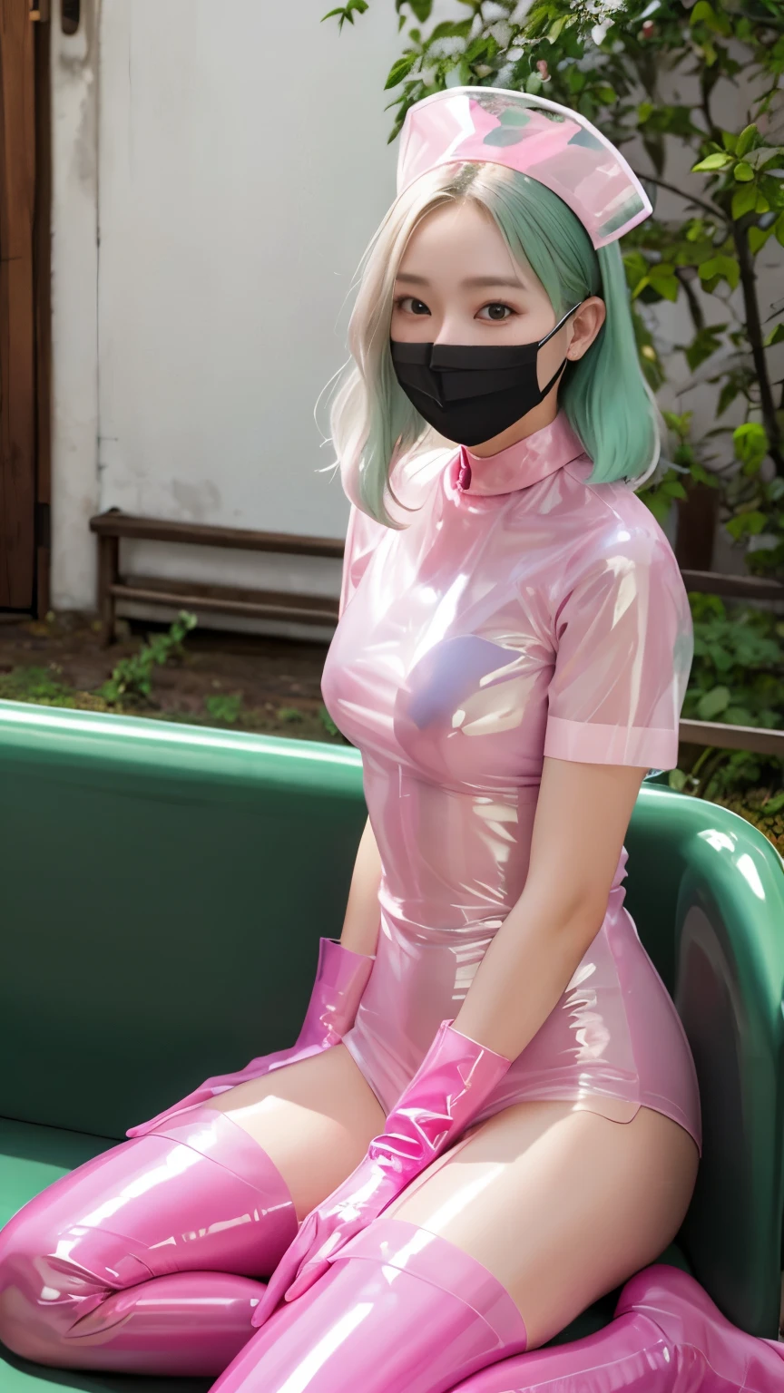 (masutepiece:1.0), (Best Quality:1.4), (A high resolution:1.2), (Photorealistic:1.4),(from below:1.5), (8K, Raw photo:1.2), (Soft Focus:1.4),BREAK,There is a girl wearing latex nurse printed fishnet pattern who is sitting on a sofa and smiling and taking pictures.............................................................,full body lesbian,( She is wearing a latex black mouth mask:1.3),BREAK ,(translucent pink nurse:1.4),BREAK,Slime skin,smooth tight nurse, translucent skin,Latex, Translucent body,latex shiny,detailed hand fingers,(glossy latex gloves:1.2), The perfect nurse for your skin,BREAK,bob hair,(mint hair:1.3),glossy shiny reflective,natural make up,goddess of Japan, Glossy skin,gorgeous japanese model,Tecateca,shiny,Slimy,(Glossy black thigh-high boots:1.2),BREAK,detailed background,in the garden
