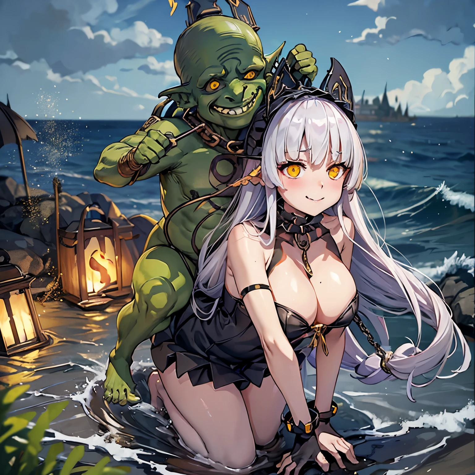 masterpiece, goblinriding, a goblin is riding a girl, goblin, mutiple goblins, goblins, (all fours), 1girl, (transparent clothing:1.1), (nose hook), reins, collar, chain, rope, obey, happy trance, hair ornaments, huge breast, expressionless, emotionless, blank eyes, empty eyes, mind control, ObserverDef, long hair, white hair, yellow eyes, smile, bangs, brown eyes, very long hair, hairband, headgear, frilled choker, pale skin, proud face, evil smile, evil grin, closed mouth, ocean background, (((kissing goblin)))