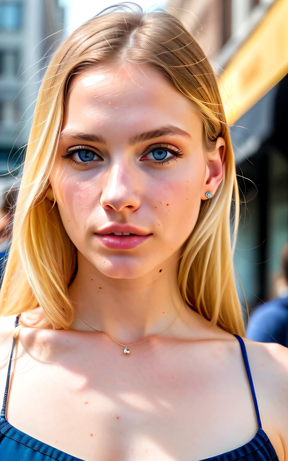 woman on a street, no jewelry, beautiful attractive face, extremely beautiful face, perfect face, beautiful and attractive face, blonde hair and blue eyes, the most beautiful woman in the world, pretty girl, beautiful model girl, instagram model, pale and shiny skin, natural soft pale skin, perfect skin, full body, zoom out, perfect angle, very detailed, 32 years old, high-res, masterpiece, best quality, intricate details, highly detailed, sharp focus, detailed skin,realistic skin texture,texture, detailed eyes