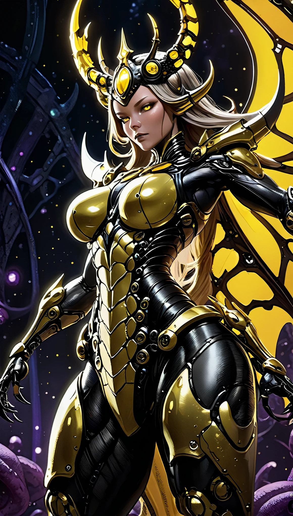 Zerg Queen, Full body close-up, Insect characteristic head, Crustacean queen close-up, compound-eyed, multi-clawed, Metallic, Big , well developed muscles, Beetle's lower body, An intimidating gesture, small metal crown, Zerg Lair Background, Point lights, backlight, Terrifying spatial effects, black yellow white palette, Surrealism, high detail, Expressionism, Fauvism, UHD, high details, best quality, award winning, 8k