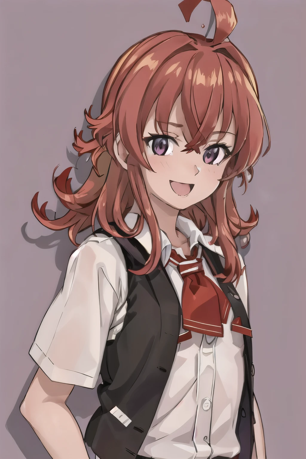 highest quality, masterpiece, High resolution, alone, (arashi_Fleet Collection), length_hair, red_hair, One_~ side_superior, Ahoge, Brown_eye, red面, ribbon, red_ribbon, vest, head_ribbon, light smile, chest, black_vest, blouse, 1 girl, e in altern_costume, collarbOne, Jacket, purple_eye, short sleeve shirt, classroom background, :d, Open_Clothes