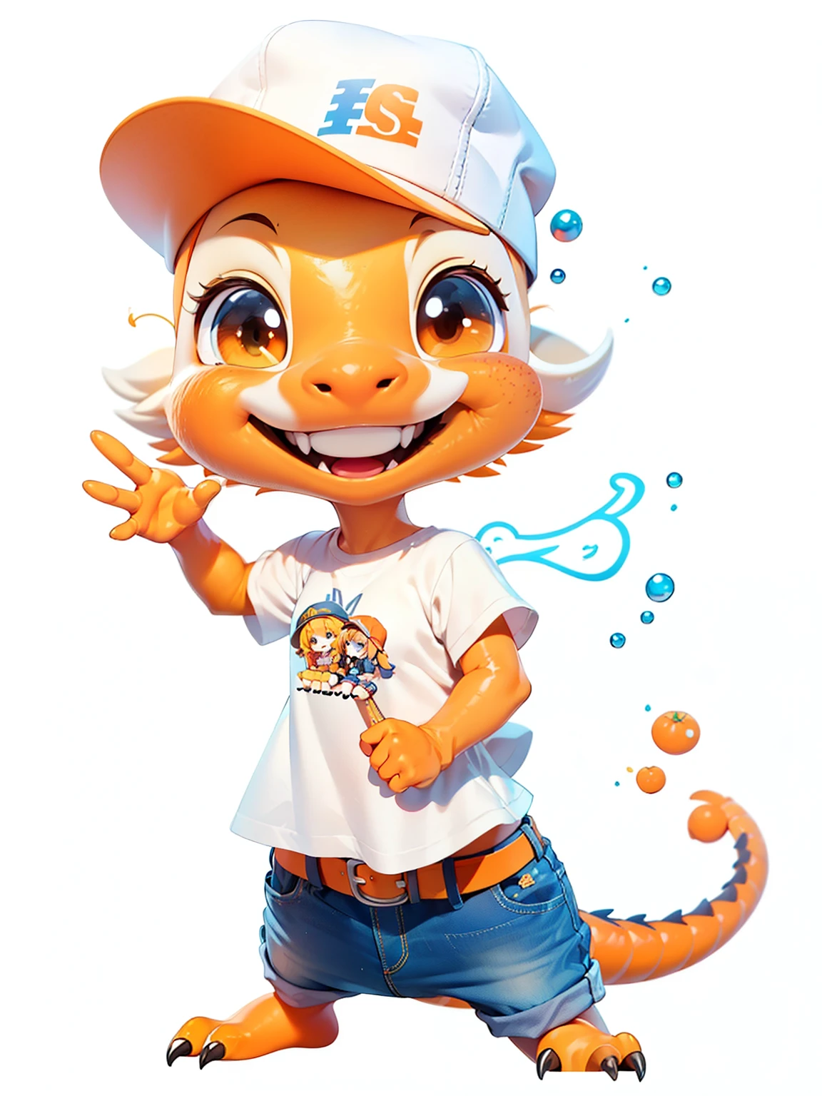 Desenho de uma salamandra cor de laranja com manchas marron escuro, wearing a white t-shirt and blue jeans waving goodbye and smiling at the audience.~She wears a white cap with an orange brim and the letter s printed on the cap in orange and blue von Dotch style., also wear an orange belt