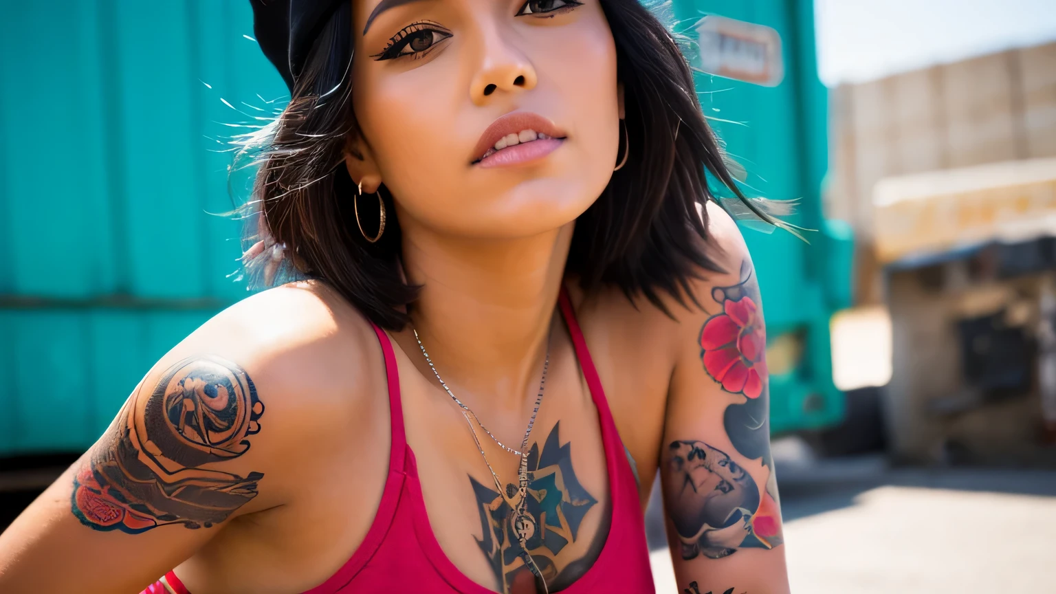 Generate a lady wearing summer dress, showing her tongue with piercing, beautifull, nose piercing, lips piercing, tongue piercing, so many ears piercing,  body modification, face tattoo, split tongue, cheek piercing,wearing so many earring, ring, bracelet, necklace, forehead tattoo, masterpiece, best quality:1.2),,(8k,highres,RAW photo,realistic,photo-realistic:1.3),(detailed skin texture,detailed cloth texture,beautiful detailed face:1.25),professional lighting,photon mapping,beautiful soft light,radiosity,physically-based rendering,raytracing, model shoot style, model shoot style, (extremely detailed CG unity 8k wallpaper), full shot body photo of the most beautiful artwork in the world, (((nsfw))), ((expensive camera photoshoot))