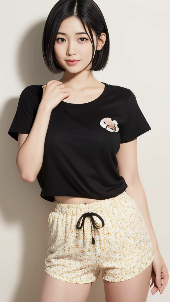 A 23-year-old Japanese woman, short black hair, oval-shaped face, Her straight eyebrows are clearly defined, her almond-shaped eyes captivating, her nose and lips thin, Graphic Print Sleep Tee and Shorts Set: A playful and comfortable sleepwear set consisting of a loose-fitting tee and shorts, both featuring vibrant, contemporary graphic prints inspired by Japanese pop culture, her face illuminated by a soft light, bust shot, eyes&breast focus, {{face occupies at least 50% of the image area}}, open legs:1.1, little smile