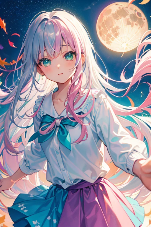 (rainbow colored hair, colorful hair, half silver、half pink hair: 1.2), ,long hair、(Cinematic digital artwork: 1.3), high quality, table top, Turquoise eyes、最high qualityの, Super detailed, figure, [4K digital art]!!、 Kyoto animation style, one woman, clavicleの美しさ, clavicle, light, want, blue sky, positive, Dead leaves dance、full moon、purple striped clothes、Green polka dot unset, motivation, shine, dynamic perspective、Blue glasses、Green ribbon、twin tails、embarrassed face、cute face、happy face