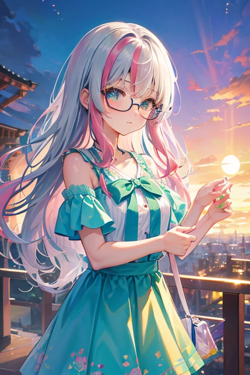 (rainbow colored hair, colorful hair, half silver、half pink hair: 1.2), ,long hair、(Cinematic digital artwork: 1.3), high quality, table top, Turquoise eyes、最high qualityの, Super detailed, figure, [4K digital art]!!、 Kyoto animation style, one woman, clavicleの美しさ, clavicle, light, want, blue sky, positive, Dead leaves dance、full moon、purple striped clothes、Green polka dot unset, motivation, shine, dynamic perspective、Blue glasses、Green ribbon、twin tails、embarrassed face、cute face、happy face