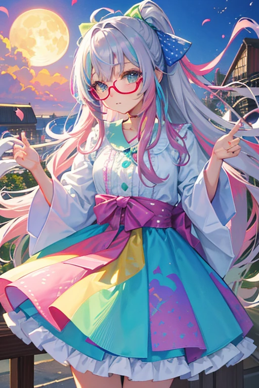 (rainbow colored hair, colorful hair, half silver、half pink hair: 1.2), ,long hair、(Cinematic digital artwork: 1.3), high quality, table top, Turquoise eyes、最high qualityの, Super detailed, figure, [4K digital art]!!、 Kyoto animation style, one woman, clavicleの美しさ, clavicle, light, want, blue sky, positive, Dead leaves dance、full moon、purple striped clothes、Green polka dot unset, motivation, shine, dynamic perspective、Blue glasses、Green ribbon、twin tails、embarrassed face、cute face、happy face