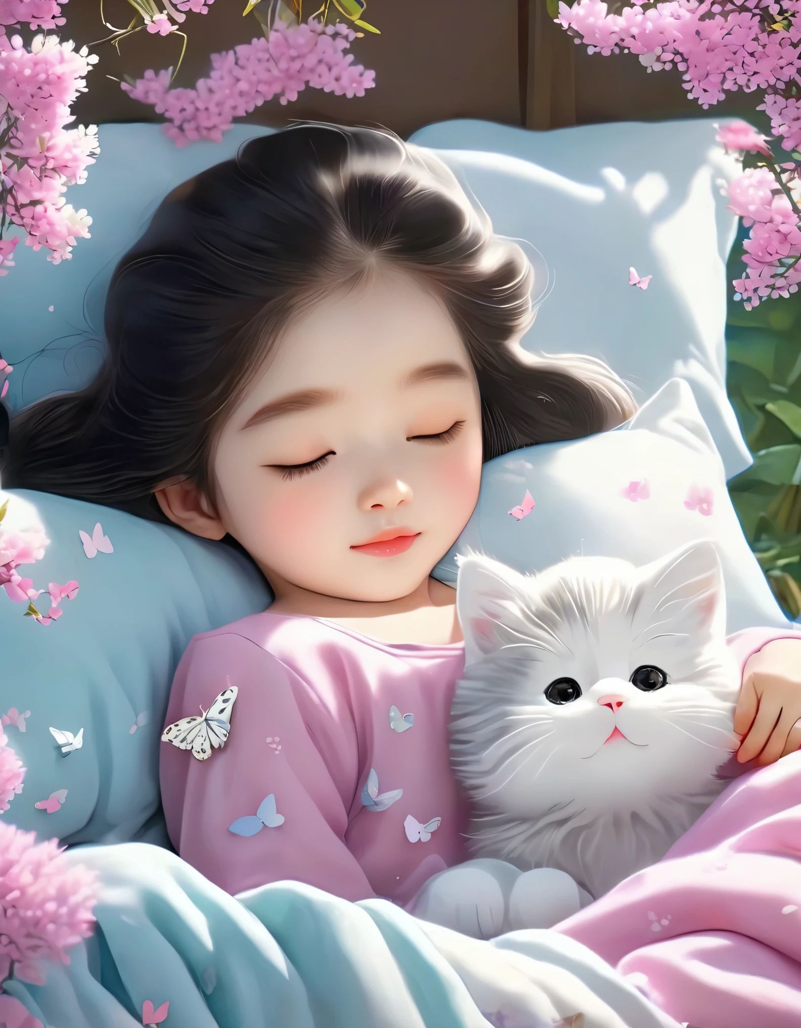 (Best Quality,4K,8K,HD,Masterpiece:1.2),Super Detailed,Realistic:1.37,Illustration,Studio Ghibli Inspired,Bed Scene,(Girl in Coffee,A Lazy in Sleeping Garfield),Spring Morning,Lazy,Cute,Detailed Eyes,Black Hair,(Highlighted Expression of the Girl's Fleshy Detailed Little Lips),Reluctant,,The Essence of Spring,Butterflies Flying... Pink flowers pajamas, spring flower trees, spring flowers, bright colors, warm sunshine, soft lighting, comfortable atmosphere, vibrant, youthful.