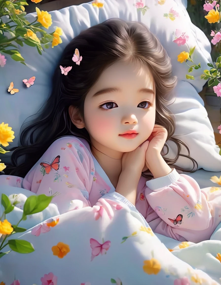 (Best Quality,4K,8K,HD,Masterpiece:1.2),Super Detailed,Realistic:1.37,Illustration,Studio Ghibli Inspired,Bed Scene,(Girl in Coffee,A Lazy in Sleeping Garfield),Spring Morning,Lazy,Cute,Detailed Eyes,Black Hair,(Highlighted Expression of the Girl's Fleshy Detailed Little Lips),Reluctant,,The Essence of Spring,Butterflies Flying... Pink flowers pajamas, spring flower trees, spring flowers, bright colors, warm sunshine, soft lighting, comfortable atmosphere, vibrant, youthful.