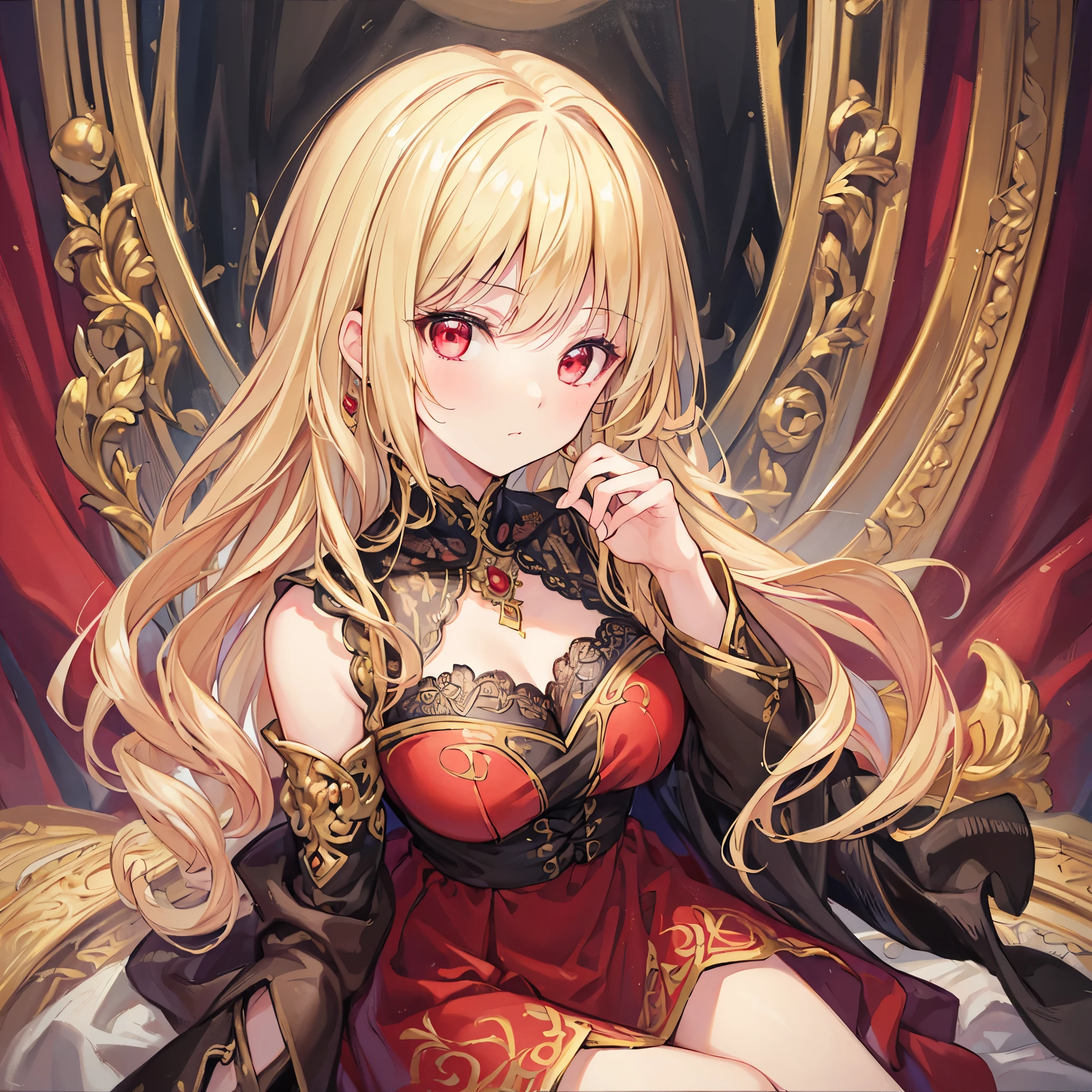 (best quality,ultra-detailed,oil painting:1.2),detailed face,elegant pose,beautifully intricate details on the dress,soft and gentle lighting,vibrant and rich colors,blond hair, red eyes 