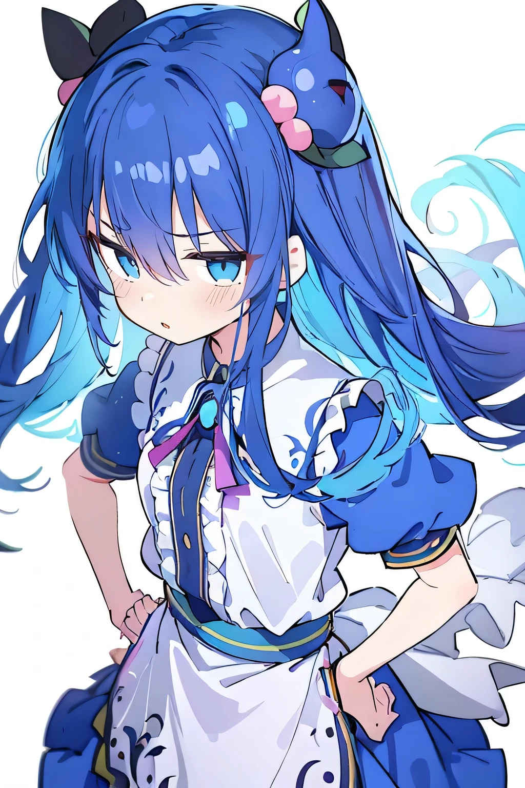 (masterpiece),best quality, expressive eyes, perfect face, 1girl,
hands on waist,beautiful, gorgeous,anime,girl,lora,hinanawi tenshi, blue hair, blue haired, floating clothes,waist grab, grabbing waist, mains sur les hanches , hands on hips,flat chest
