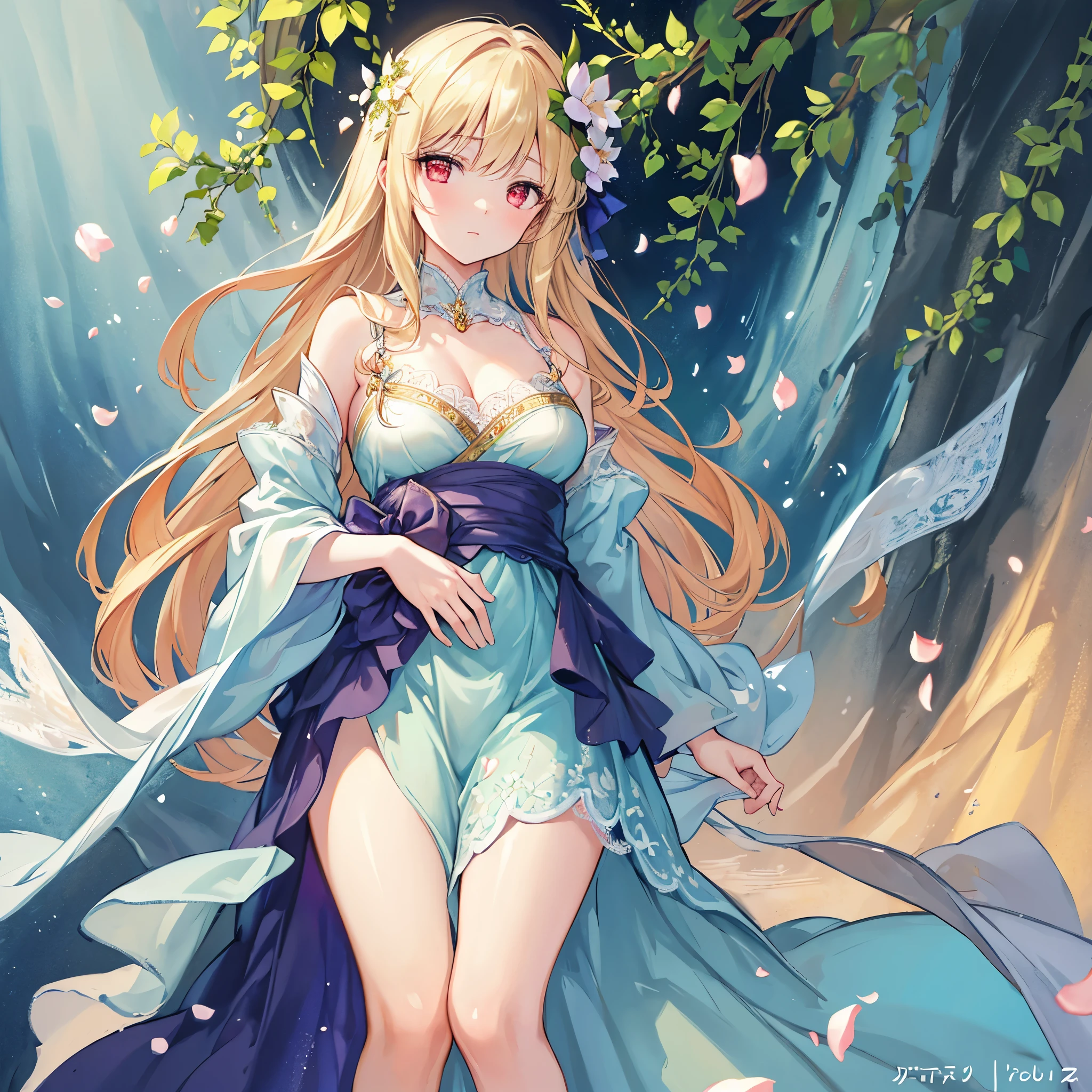 (ultra-detailed, oil painting:1.2), beautiful detailed face, elegant and graceful pose, exquisitely intricate details on the dress, soft and gentle lighting illuminating the subject, vibrant and rich colors creating a captivating atmosphere. The subject has mesmerizing blond hair and captivating red eyes, which add a sense of mystery to the artwork. The backdrop of the painting showcases a lush flower garden, with delicate petals falling gracefully from the sky, creating a romantic and serene ambiance. The raindrops glisten as they intertwine with the petals, adding a touch of magic to the scene. The overall composition exudes a sense of beauty, elegance, and tranquility, while the subject's expression and pose evoke a feeling of serenity and introspection. This artwork embraces the richness of oil painting techniques, resulting in a masterpiece that captures the viewer's imagination and invites them to explore the intricate details and emotions portrayed on the canvas.