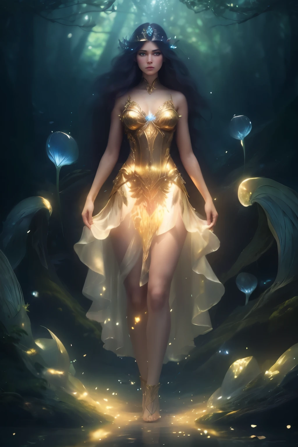 Guardian of the Enchanted Grovean armored woman with iridescent, beautiful vibrant multiple colors, wing-like pauldrons, standing tall amidst an ethereal grove of towering, luminescent mushrooms, the forest floor covered in sparkling dewdrops, a mystical aura emanating from her presence, the air filled with a soft, golden glow, captured through a hyper-realistic digital painting with a focus on intricate details and a seamless blend of natural and magical elements, rendered using a combination of Blender and Photoshop.