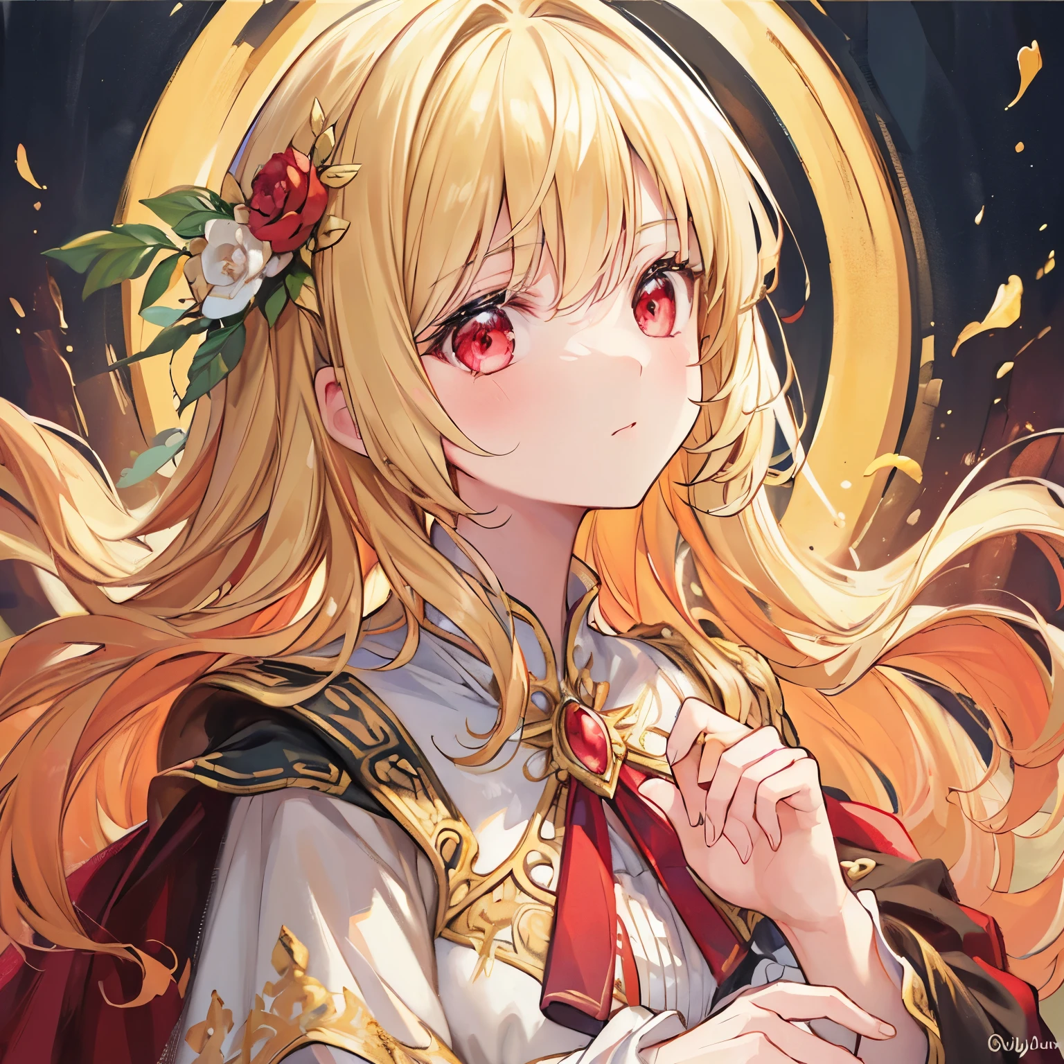 (best quality,ultra-detailed,oil painting:1.2),detailed face,elegant pose,beautifully intricate details on the dress,soft and gentle lighting,vibrant and rich colors,blond hair, red eyes
