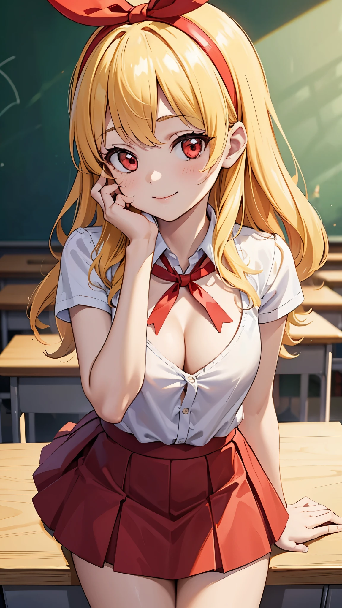 (RED Ribbon on HAIRband:1.2),(masterpiece, best quality),
1girl, bent over, hand up, looking at viewer, cleavage, breast_focus, close-up_breasts, school desk, elbow on table
break girl, teacher, Blonde hair, shiny hair, RED eyes, (lipstick:0.9), light smile, white shirt, pencil skirt, black skirt
break background classroom,