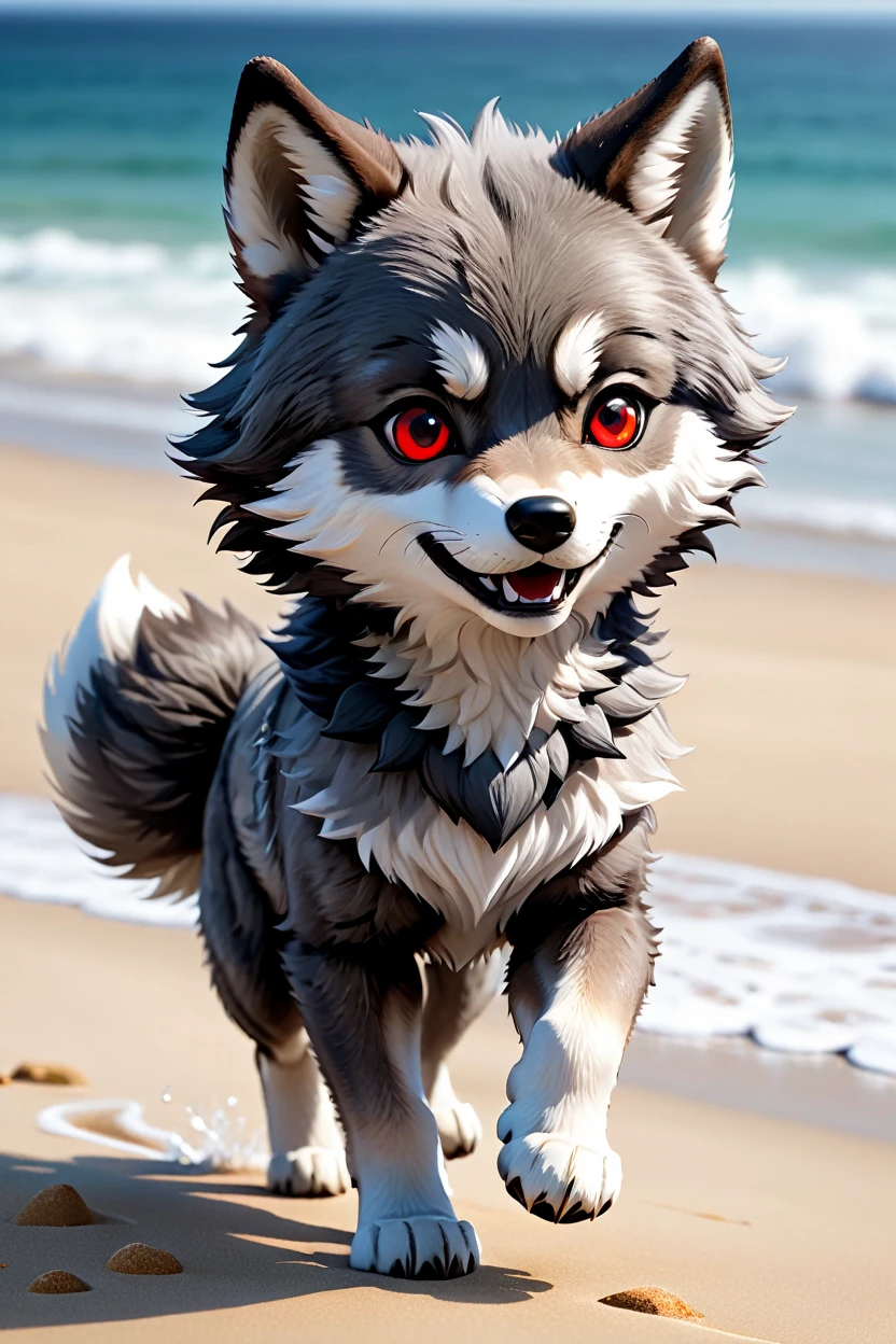 furry wolf, ((gray wolf)), (chibi), bad Wolf, with red eyes, beach, pants or shorts, furry body full-length frontal view, flight phase during running, legs above the ground, fast running, Hyperrealistic art high-quality portrait flat matte drawing of a cute Nendoroid and cartoon style, anime flat style, thick drawing, medium close-up", (solo:1.2), photorealistic:1.5, 8k, texture skin, realistic skin, detailed skin, highest detailed, extreme detailed, 8k wallpaper, colorful, (dark magic), ring with the stone, (intricate details), (hyperdetailed), 8k hdr, high detailed, lot of details, high quality, soft cinematic light, atmospheric perspective (focus on), color Ink wash painting, Extremely high-resolution details, photographic, realism pushed to extreme, fine texture, incredibly lifelike, 