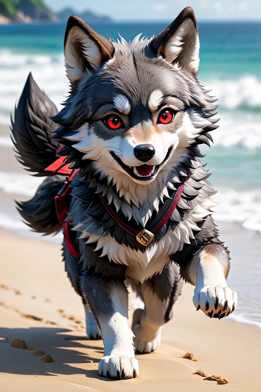 furry wolf, ((gray wolf)), (chibi), bad Wolf, with red eyes, beach, pants or shorts, furry body full-length frontal view, flight phase during running, legs above the ground, fast running, Hyperrealistic art high-quality portrait flat matte drawing of a cute Nendoroid and cartoon style, anime flat style, thick drawing, medium close-up", (solo:1.2), photorealistic:1.5, 8k, texture skin, realistic skin, detailed skin, highest detailed, extreme detailed, 8k wallpaper, colorful, (dark magic), ring with the stone, (intricate details), (hyperdetailed), 8k hdr, high detailed, lot of details, high quality, soft cinematic light, atmospheric perspective (focus on), color Ink wash painting, Extremely high-resolution details, photographic, realism pushed to extreme, fine texture, incredibly lifelike,