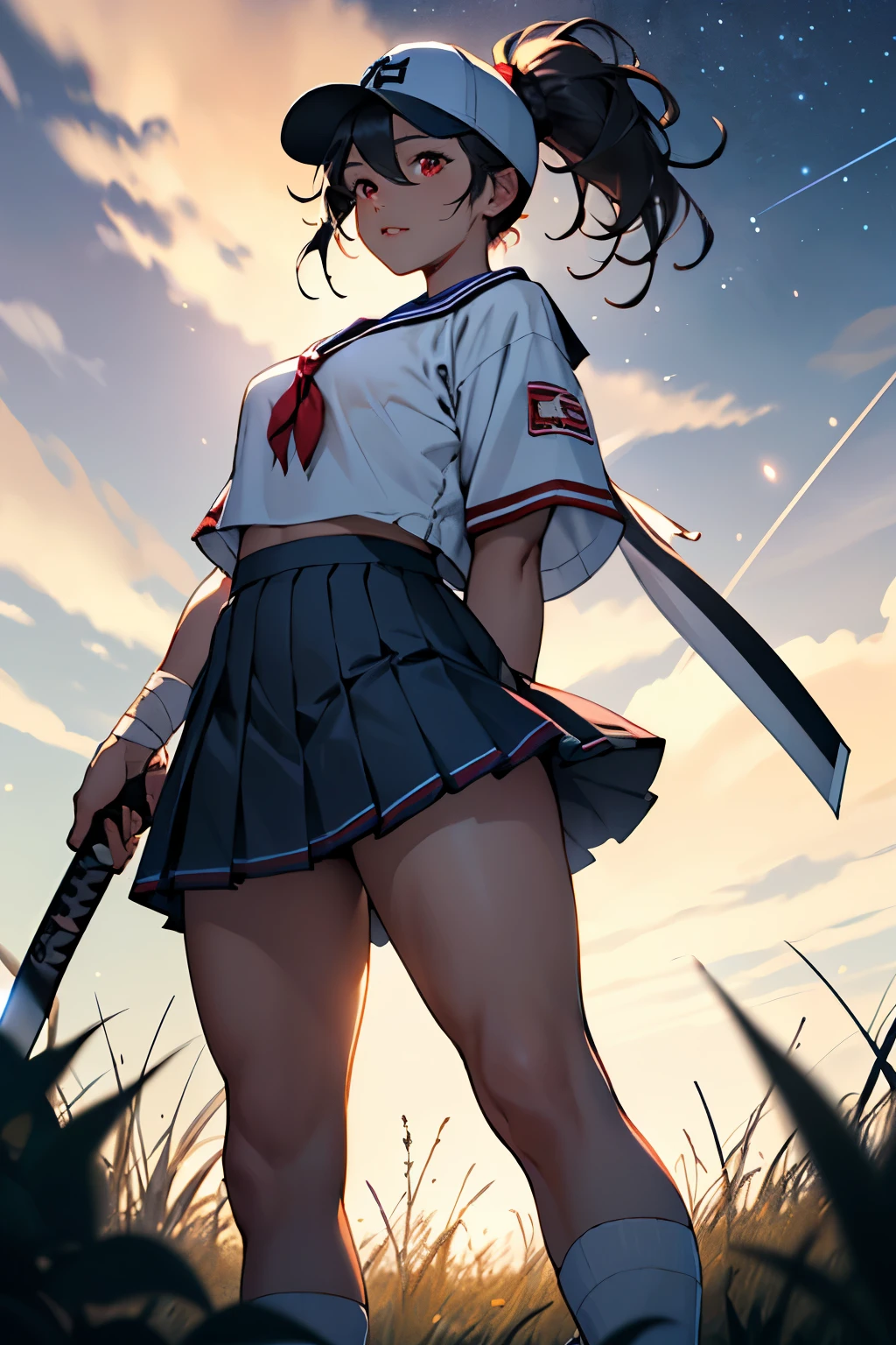 ((best quality)), ((masterpiece)), (detailed), perfect face, girl, red eyes,Long white ponytail, bandaged arms,Sailor suit,pleated skirt,short skirt,sports shoes,night,starlight,grassland,firefly,backlight,Large wide-angle lens,Big shots,holding katana,ninja,stand,Facing the camera,baseball cap