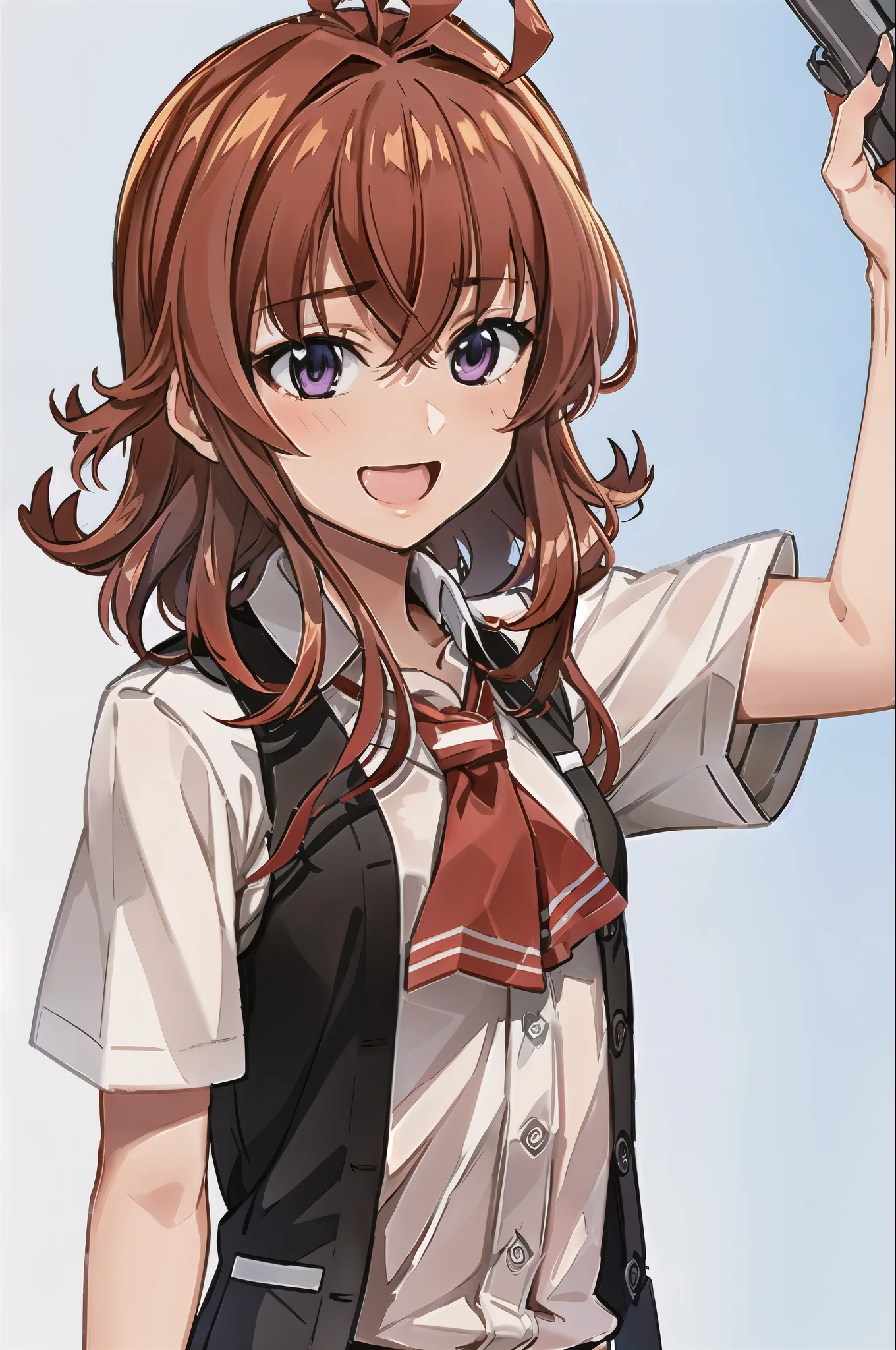 1 girl, alone, Systemic
Highest Quality, masterpiece, High resolution, alone, (arashi_Fleet Collection), length_hair, red_hair, One_~ side_superior, Ahoge, Brown_eye, red面, ribbon, red_ribbon, vest, head_ribbon, light smile, chest, black_vest, blouse, e in altern_costume, collarbOne, Jacket, purple_eye, short sleeve shirt, classroom background, :d, Open_Clothes, superiorから:1.2