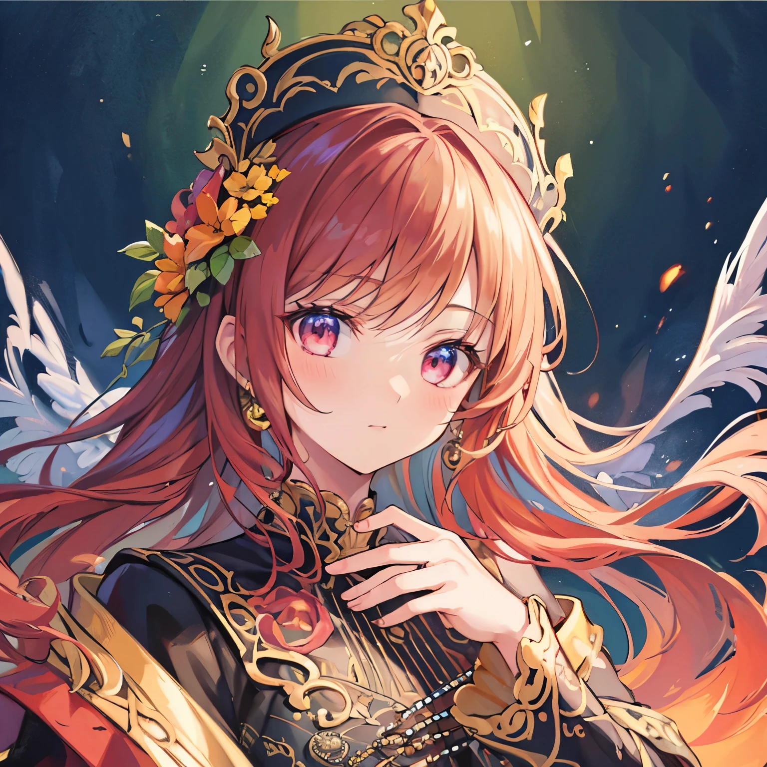 (best quality,ultra-detailed), oil painting, detailed face, intricate details on the dress, vibrant colors, elegant pose, soft lighting
