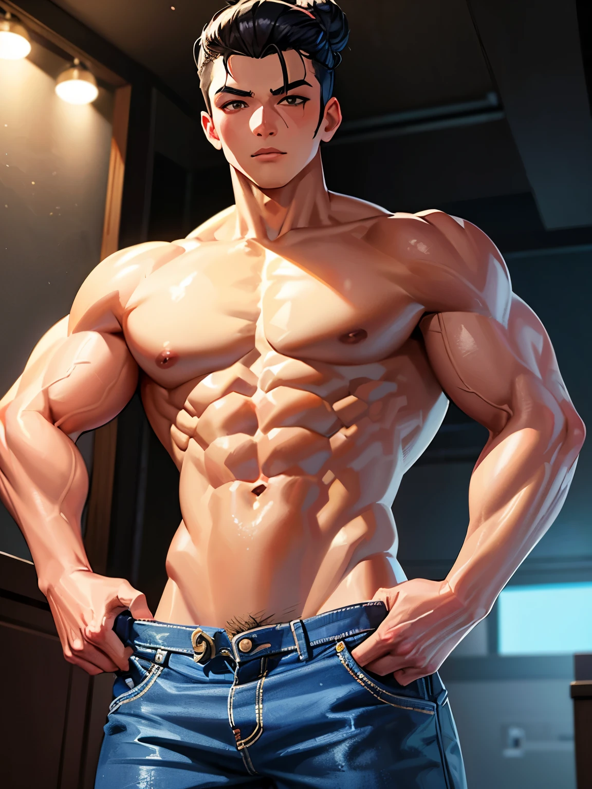 The prompt for the given theme " cute Asian boy, eight-pack abs teen, bodybur body, shirtless jeans pants, unique bun hair slicked back" cAn be: Asian teenager with a ning physique and charming look, shirtless, wearing jeans pants, showcasing his eight-pack abs. The boy has a unique hairstyle with a slicked back bun, adding to his appeal. The lighting highlights his defined muscles and the sharp focus brings out the intricate details. The colors are vivid and enhance the overall aesthetics. The artwork depicts a balance between realism and an artistic touch, emphasizing the boy's youthful energy and confidence.