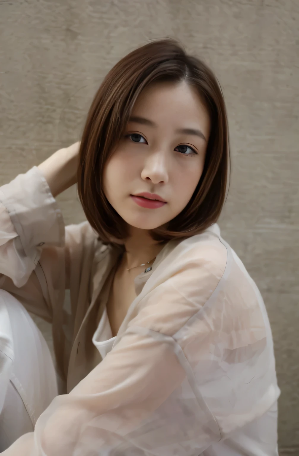 (top-quality、8k、32k、masterpiece、UHD:1.2)、Photo of a cute Japanese woman、large full breasts、The upper part of the body、sface focus、oversized_sweater、simple background、From above、looking at the viewers、top-quality、masterpiece、Hi-Res、1 girl、、Beautiful face high resolution, 4k, 8k