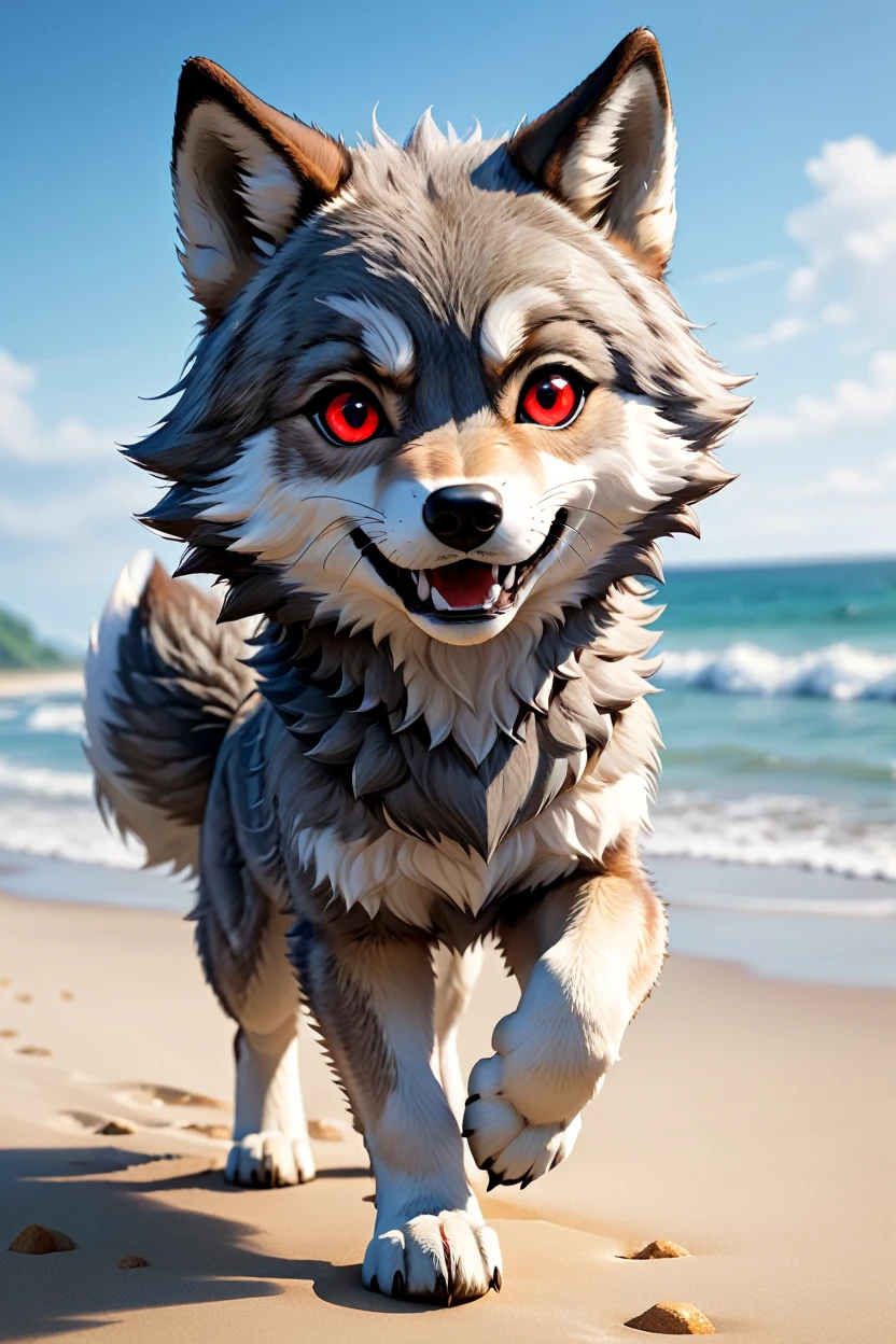 (((furry wolf))), ((gray wolf)), (chibi), bad Wolf, with red eyes, beach, pants or shorts, furry body full-length frontal view, flight phase during running, legs above the ground, fast running, Hyperrealistic art high-quality portrait flat matte drawing of a cute Nendoroid and cartoon style, anime flat style, thick drawing, medium close-up", (solo:1.2), photorealistic:1.5, 8k, texture skin, realistic skin, detailed skin, highest detailed, extreme detailed, 8k wallpaper, colorful, (dark magic), ring with the stone, (intricate details), (hyperdetailed), 8k hdr, high detailed, lot of details, high quality, soft cinematic light, atmospheric perspective (focus on), color Ink wash painting, Extremely high-resolution details, photographic, realism pushed to extreme, fine texture, incredibly lifelike,