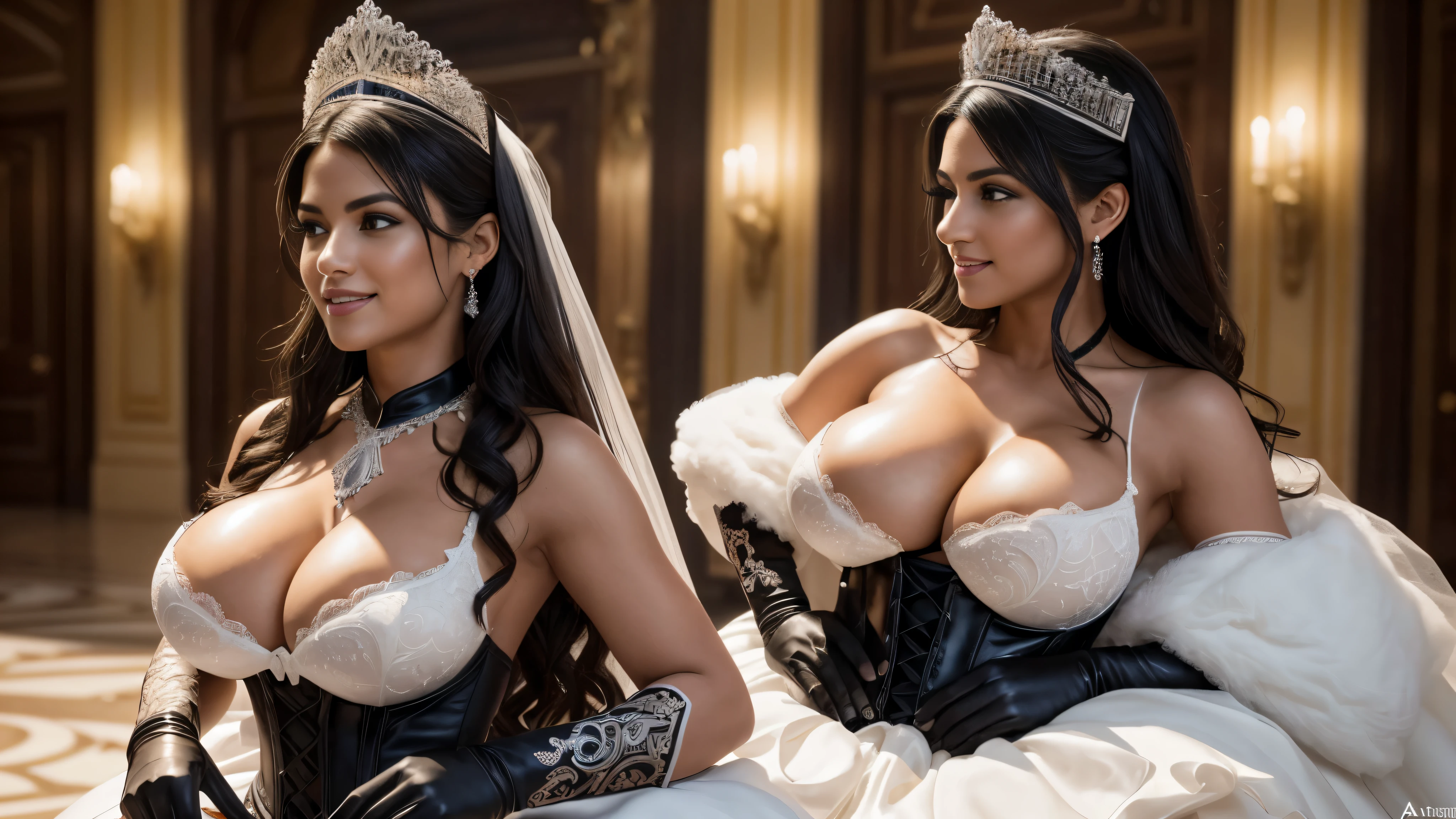 Isabela Merced in a vail in a black leather wedding dress with black gloves getting married to a isabela merced in a white wedding dress, tiara, (big breasts:1.5), sexy stockings, (pumps with high heels), smiling, (kissing:1.2), Real Life, full bodyshot, Ultra Realistic, Photorealism, Photography, 8K UHD, Photo, HDR, Complex and Elegant, Highly Detailed, Sharp Focus, Stunning, Beautiful, Gorgeous), (Masterpiece: 1.2, Best Quality 1:1, Ultra Detail: 1.2, Best Shadows, 8k: 1.1), (beautiful detailed face), high contrast, (perfect lighting: 1.2), (cinematic light)), colorful, hyper-detail, dramatic light, intricate detail, photograph by arny freytag