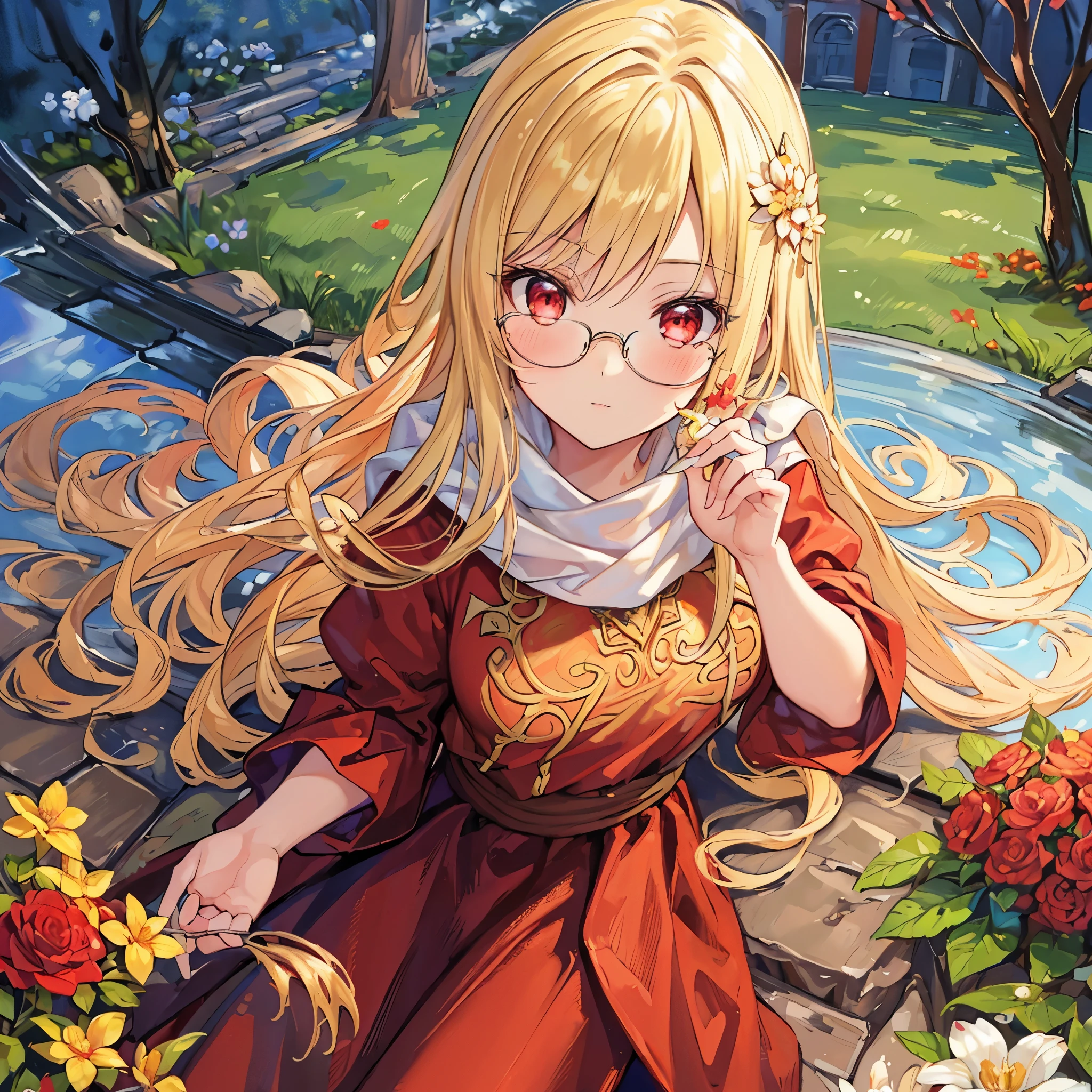 (best quality,ultra-detailed,oil painting:1.2),detailed face,soft and gentle lighting,vibrant and rich colors,blond hair,red eyes,elegant pose,beautifully intricate details on the dress,lying in the flower garden,castle flower garden,red and gold dress,drinking a cup of tea, neck scarf, glasses,
