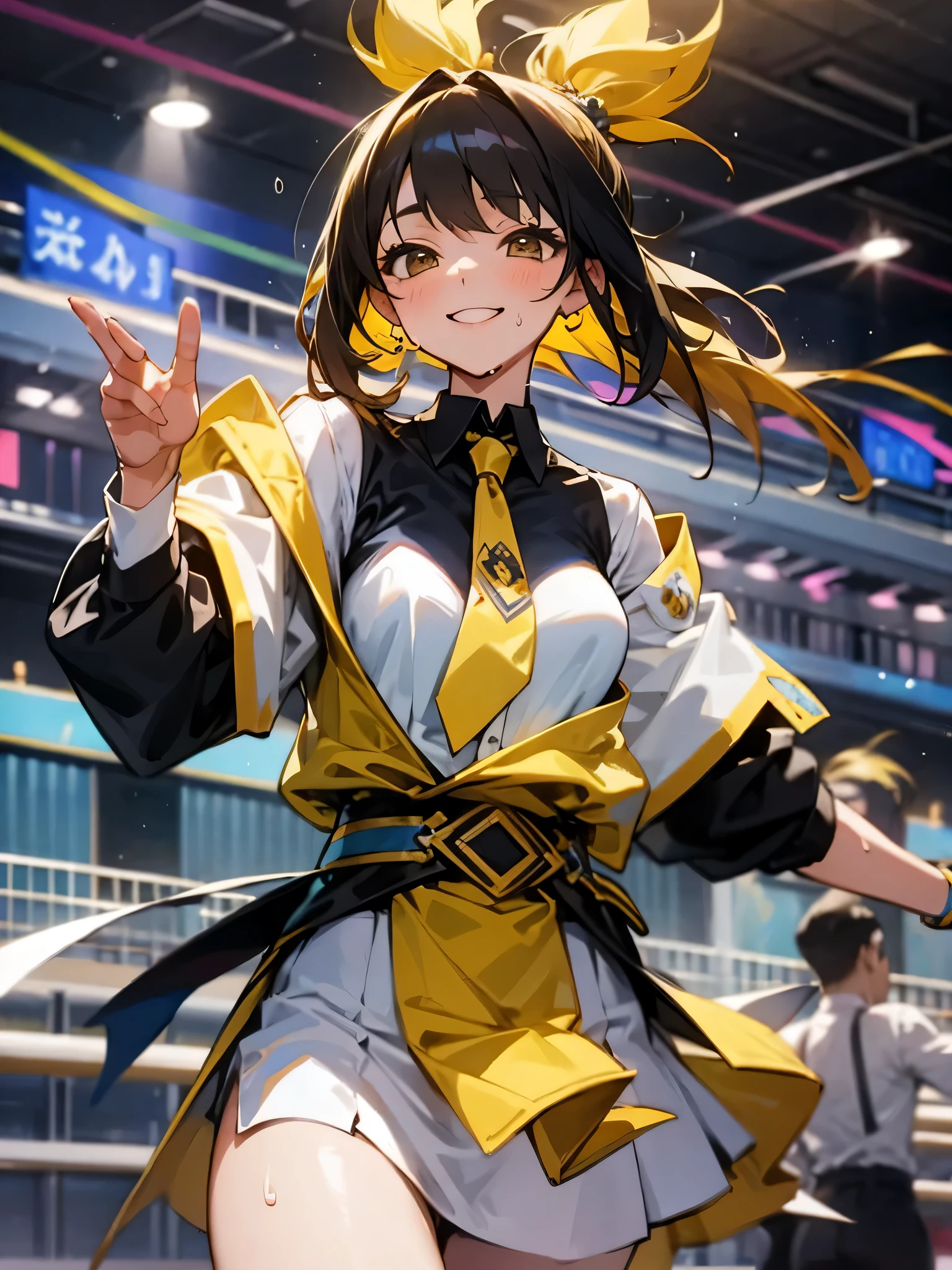 girl、perform a dynamic dance、Sweat、yellow hair line、black hair、tie hair、Dance School、Spotlight、smile,
