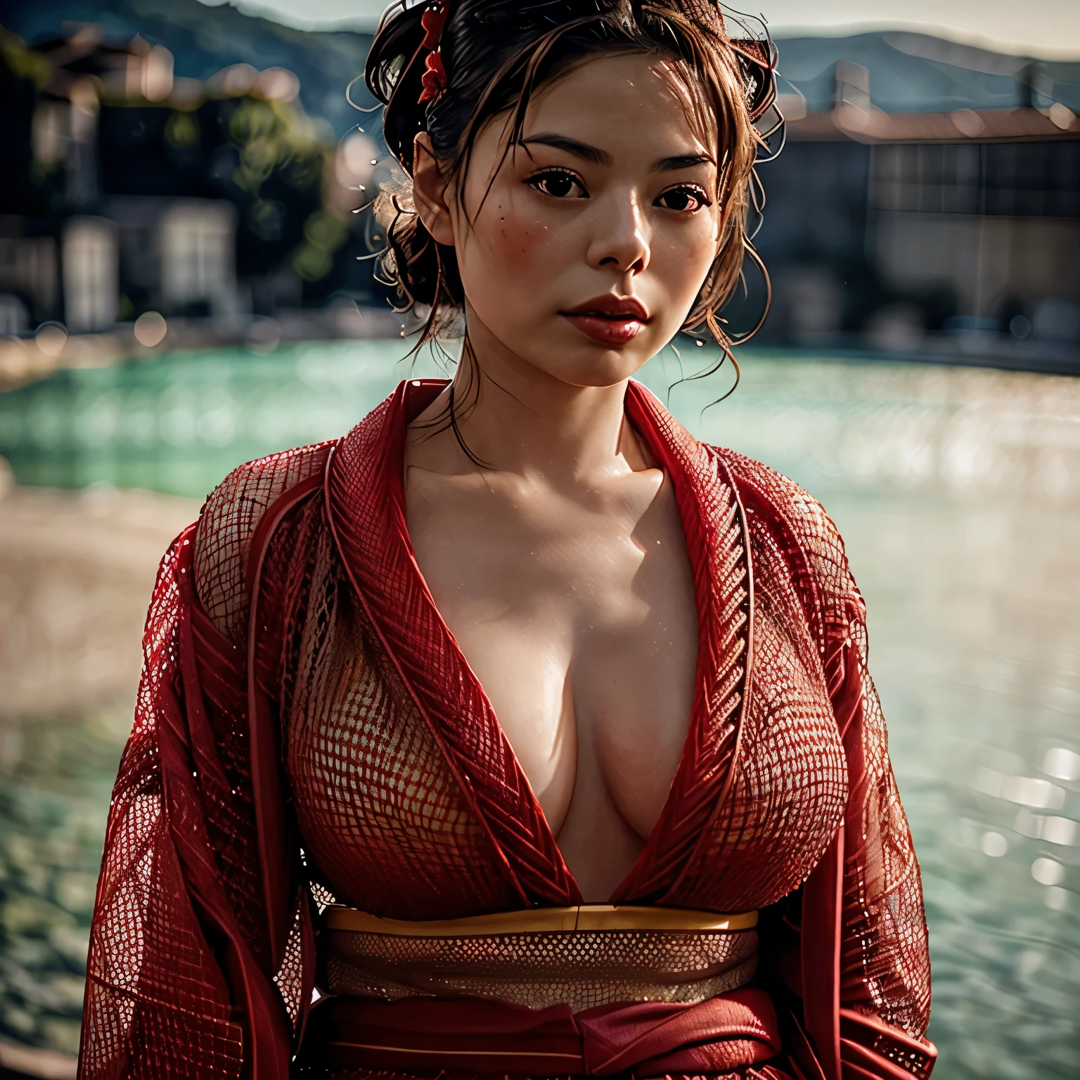 miranda cosgrove, Photorealistic mature female, (((south of France))), (((wearing mesh red kimono))), Detailed skin, detailed body, Natural Skin Texture, realistic skin, skin pores, intricate detail, raw photo, lifelike rendering, immersive atmosphere, chiaroscuro, moody lighting, perfect female body, ((mid shot))