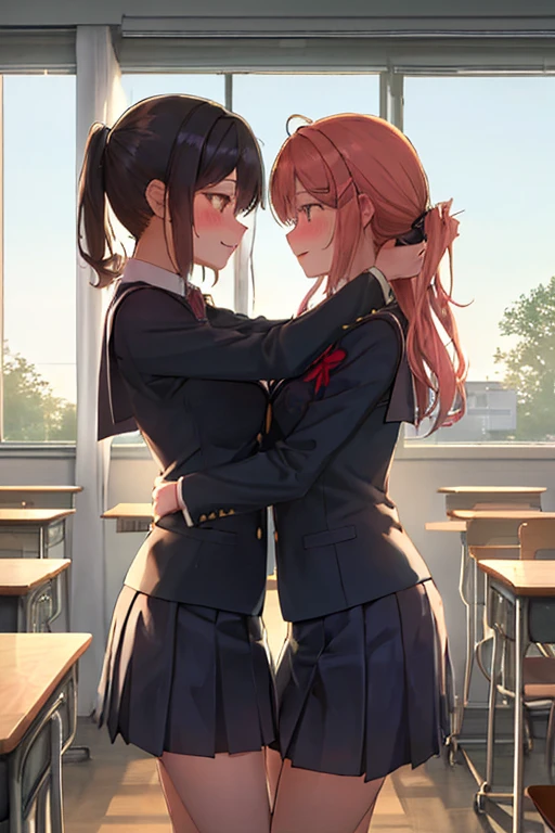 (Highest image quality, Masterpiece: 1.2),
An after-school classroom with the setting sun shining through.
Two beautiful girls in cute school uniforms are hugging each other,
They are blushing and looking shy.
There is a height difference, one is aggressive and the other is quiet.