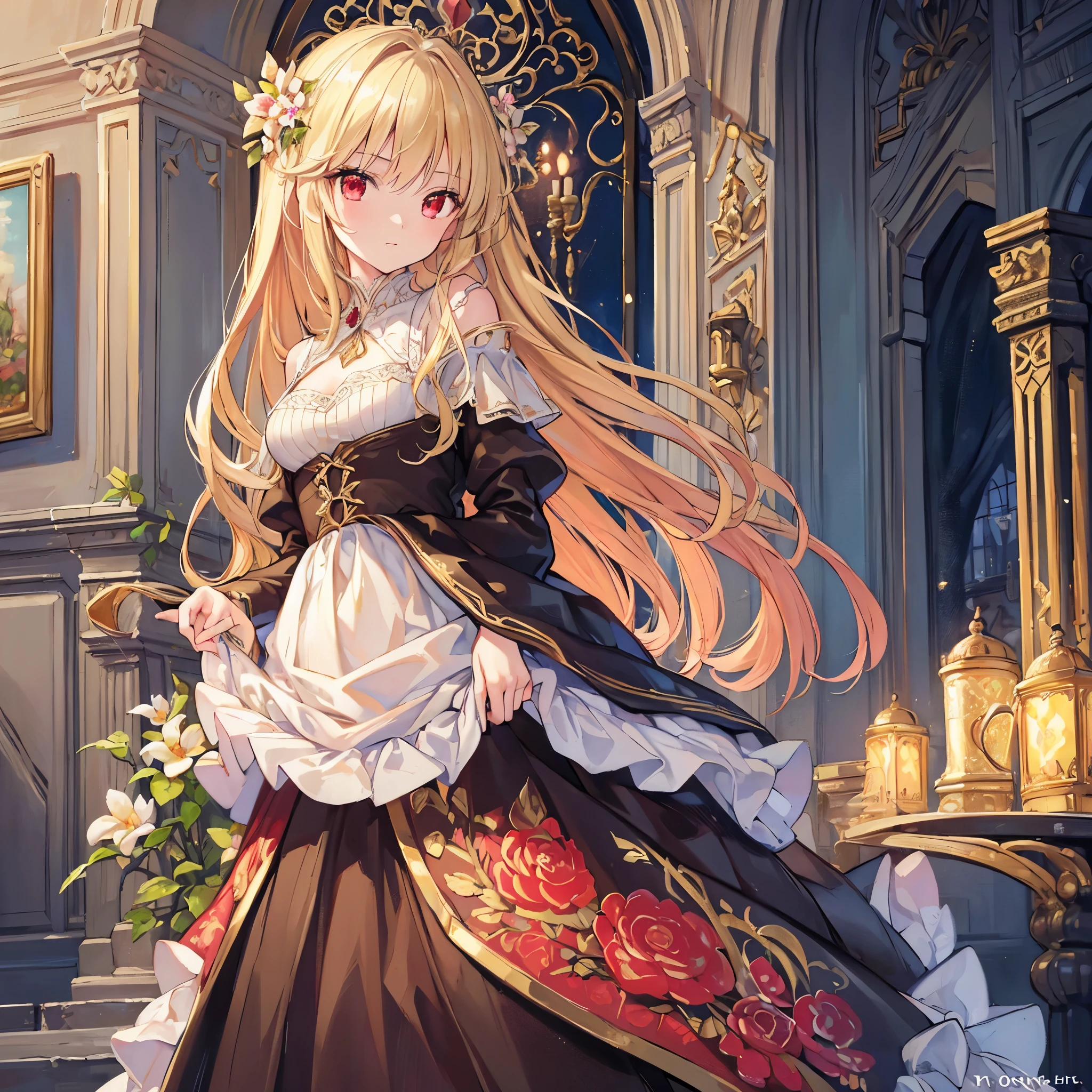 (best quality,ultra-detailed,oil painting:1.2),detailed face,and elegant pose,beautifully intricate details on the dress,soft and gentle lighting,vibrant and rich colors,blond hair,red eyes,castle flower garden