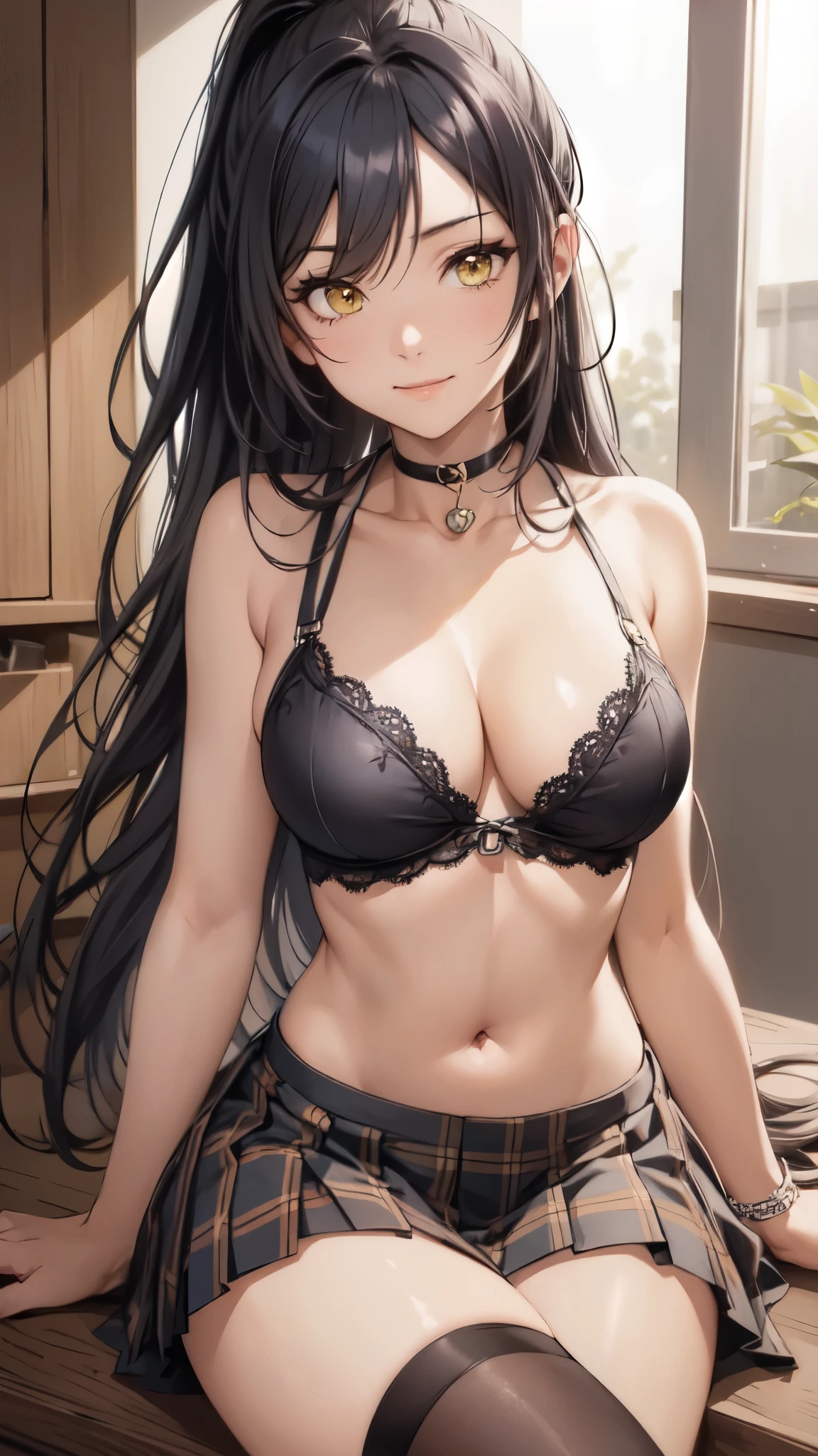 sakuyashirase, sakuya shirase, black hair, hair between eyes, long hair, (ponytail:1.4), (yellow eyes:1.5),NSFW,(large breasts:1.4),(cleavage between breasts),
break collarbone, green skirt, open collar, plaid, (plaid skirt, pleated skirt), skirt,(black lace underwear:1.4),
break looking at viewer, full body,(smile:1.2),(arms behind head:1.3),(belly button,tight waist:1.2),(height 170cm),(sitting),18-year-old,spread leg,
break indoors, classroom,bright room,
break (masterpiece:1.2), highest quality, High resolution, unity 8k wallpaper, (figure:0.8),vivid color, (detailed and beautiful eyes:1.4), highly detailed face, perfect lighting, Very detailed CG, (perfect hands, perfect anatomy),(Aesthetic Anime Eyes:1.3)