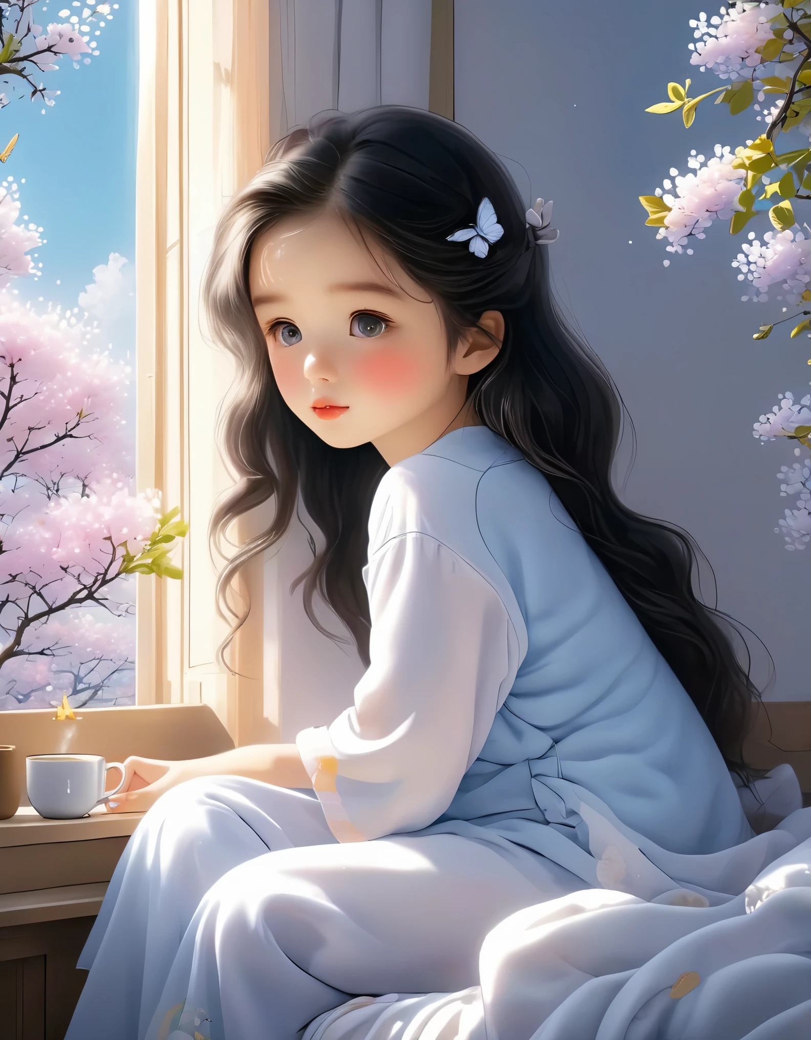 (Best Quality,4K,8K,HD,Masterpiece:1.2),Super Detailed,Realistic:1.37,Illustration,Studio Ghibli Inspired,Bed Scene,(Girl Sitting on Window Sill Drinking Coffee,A Lazy Garfield Sleeping),Spring Morning,Lazy,Cute,Detailed Eyes,Black Hair,(Highlighting the expression of the girl's fleshy and detailed little lips),Reluctant,,Essence of Spring. Butterflies fluttering,pajamas with little pink flowers,spring flower trees,spring flowers,bright colors,warm sunlight,soft light,cozy atmosphere,vibrant,youthful.